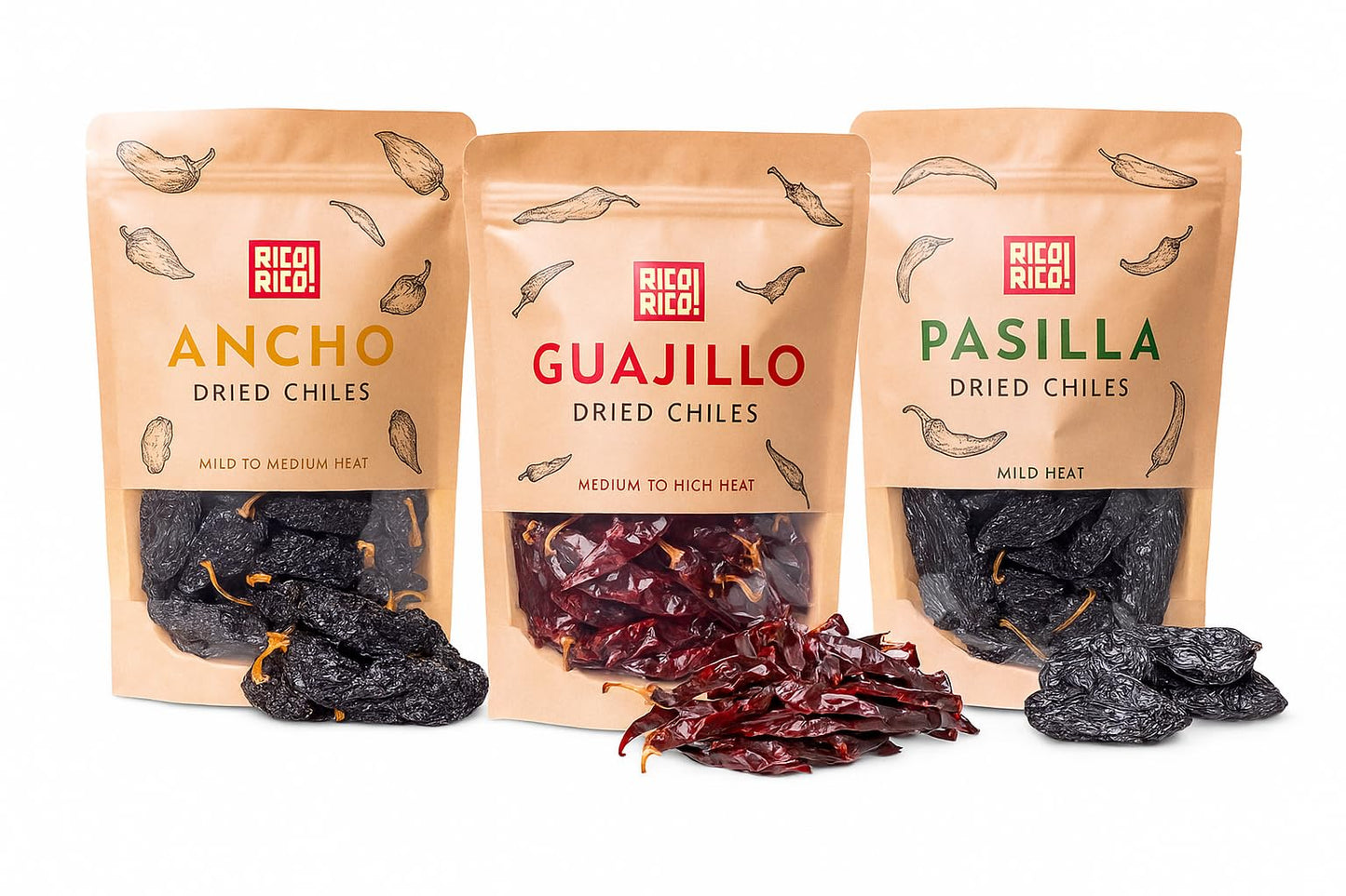 RICO RICO Dried Chile Peppers 3 Pack (12 Oz) - The Holy Trinity - Ancho, Guajillo & Pasilla Chiles for Authentic Mexican Recipes