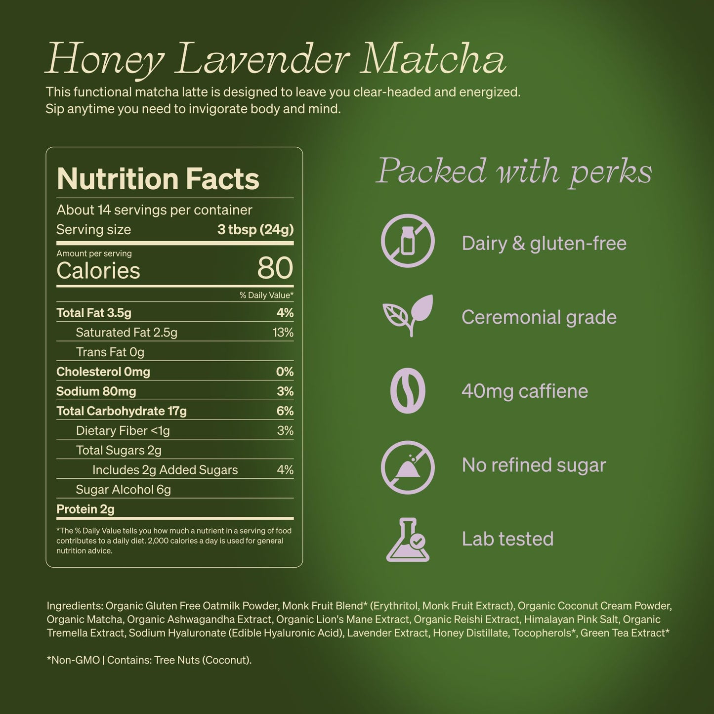 Clevr Blends Organic Honey Lavender Matcha SuperLatte  Instant Ceremonial Grade  Superfood Powder Blend  Oat Milk  Lion Mane  Reishi Mushroom  Coconut Cream  Ashwagandha  Serve Hot or Iced (14 Lattes)