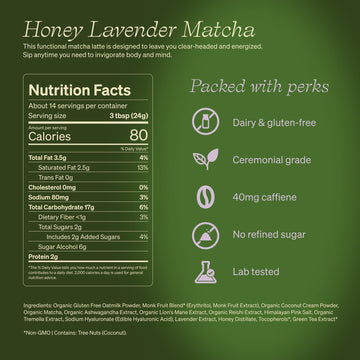 Clevr Blends Organic Honey Lavender Matcha SuperLatte  Instant Ceremonial Grade  Superfood Powder Blend  Oat Milk  Lion Mane  Reishi Mushroom  Coconut Cream  Ashwagandha  Serve Hot or Iced (14 Lattes)