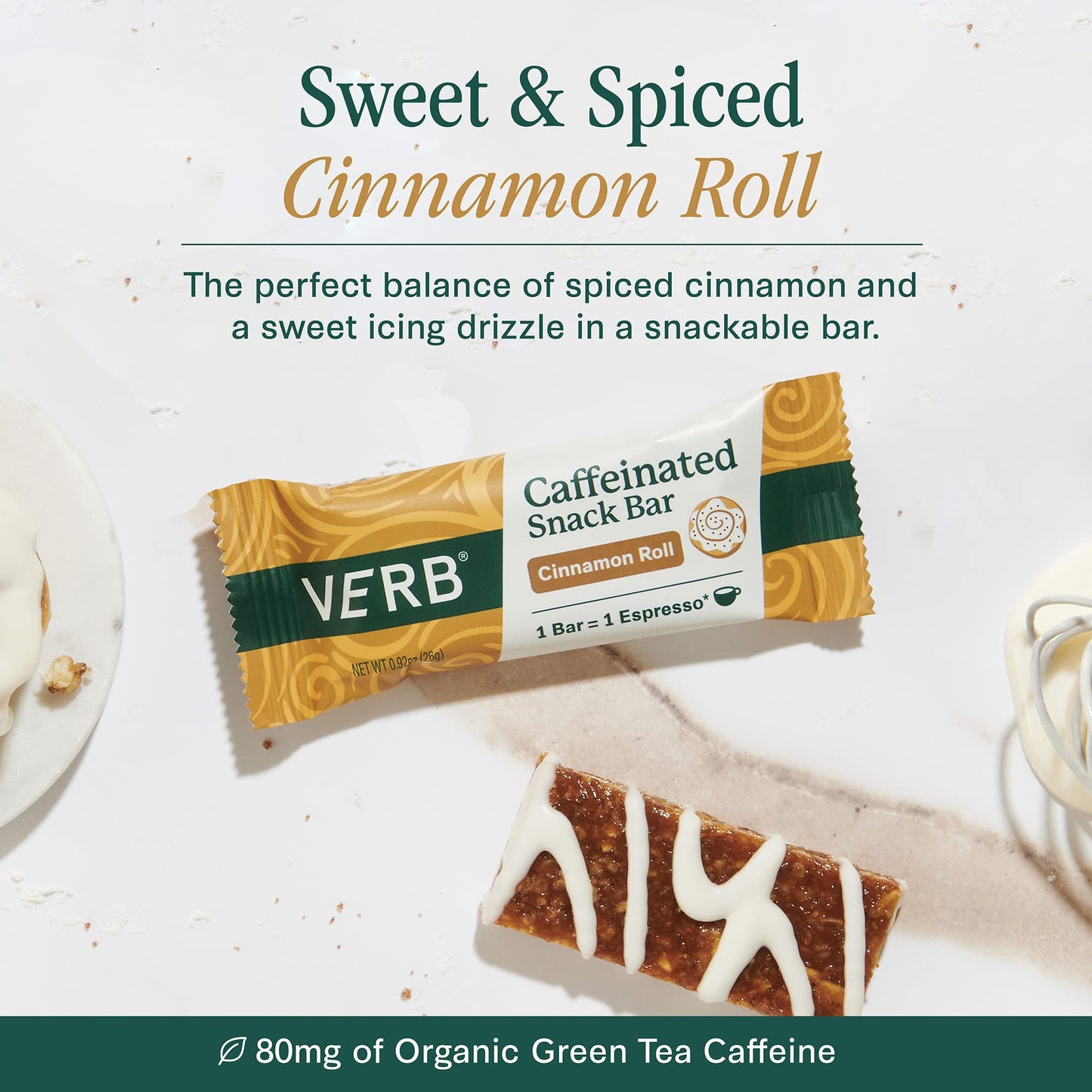 Verb Energy - Cinnamon Roll Caffeinated Snack Bars - 110-Calorie Low Sugar Energy Bar - Nutrition Bars - Vegan Snacks - Gluten F