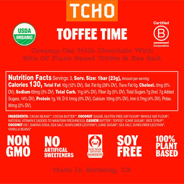 Tcho Toffee Time 53% Oat Milk Chocolate Bars (10 Pack) | Plant Based, Organic & Fair Trade, | Non Gmo, Non-Dairy, Vegan Chocolat