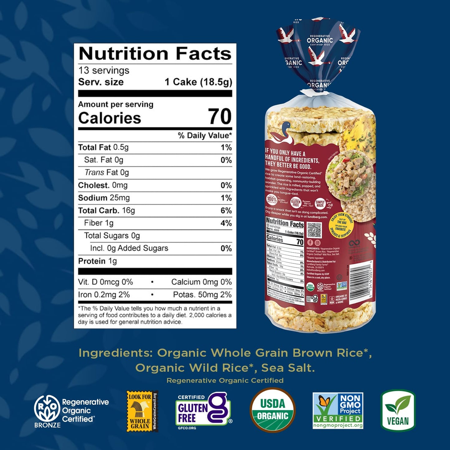 Lundberg Rice Cakes - Organic Whole Grain Wild Rice & Brown Rice Cakes, Lightly Salted, Healthy Snacks For Adults And Kids, Glut