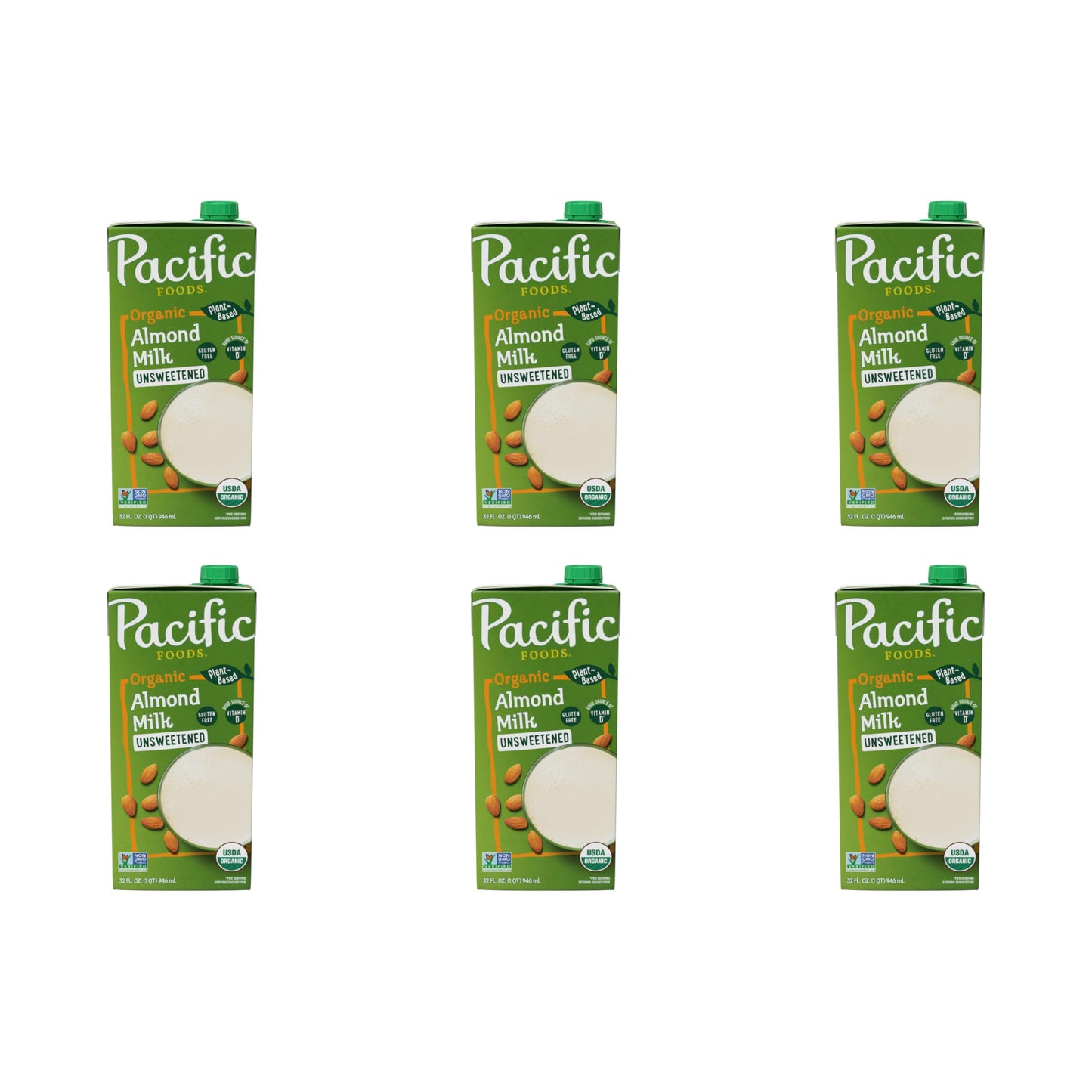 Pacific Foods Organic Unsweetened Almond Milk, Plant Based Milk, 32 oz Carton (Pack of 6)