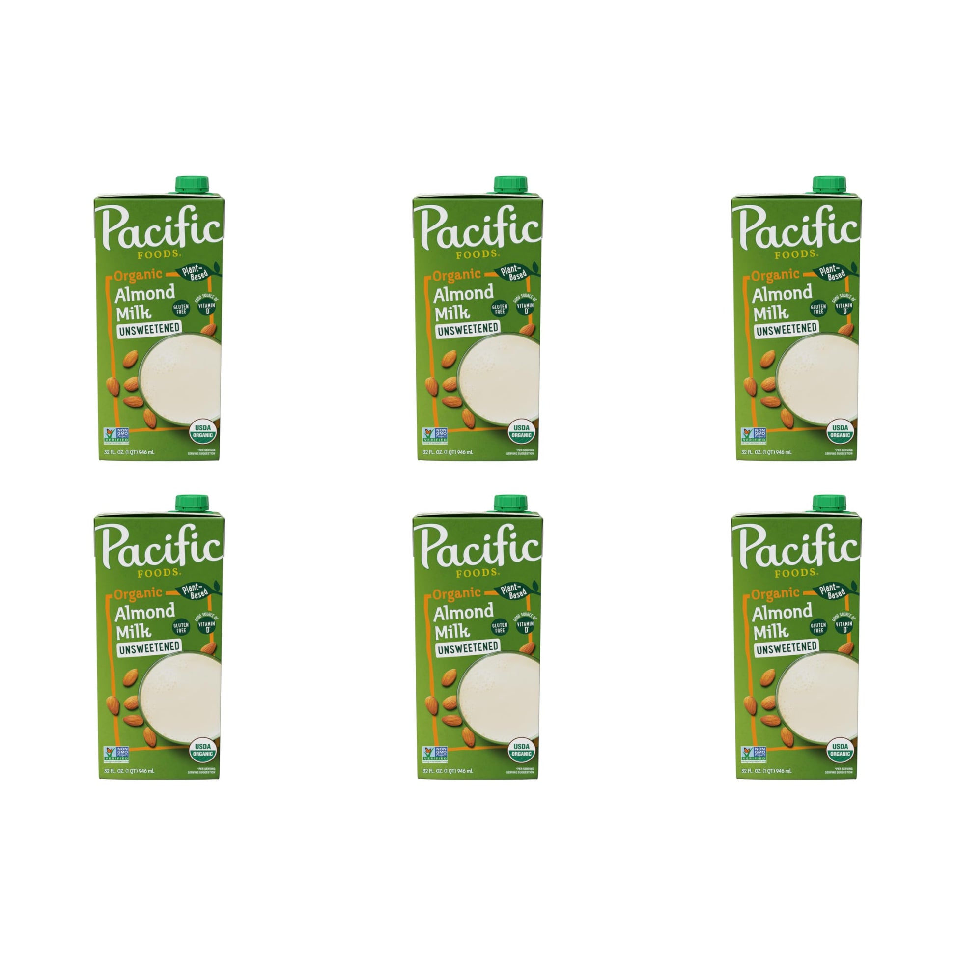 Pacific Foods Organic Unsweetened Almond Milk, Plant Based Milk, 32 oz Carton (Pack of 6)