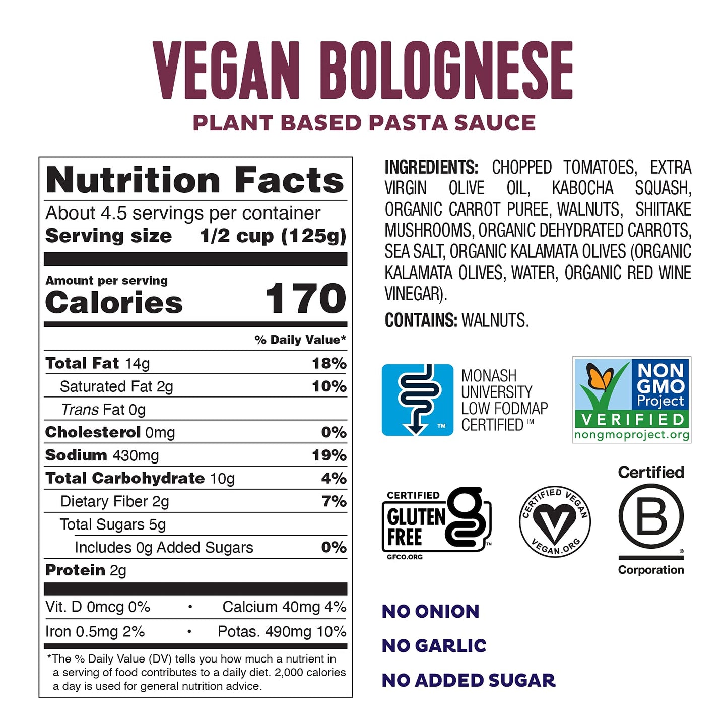 Fody Foods Vegan Bolognese Pasta Sauce, 19.4 Ounces, Low Fodmap Certified & Gut Friendly, Premium Quality Ingredients, Non-Gmo,