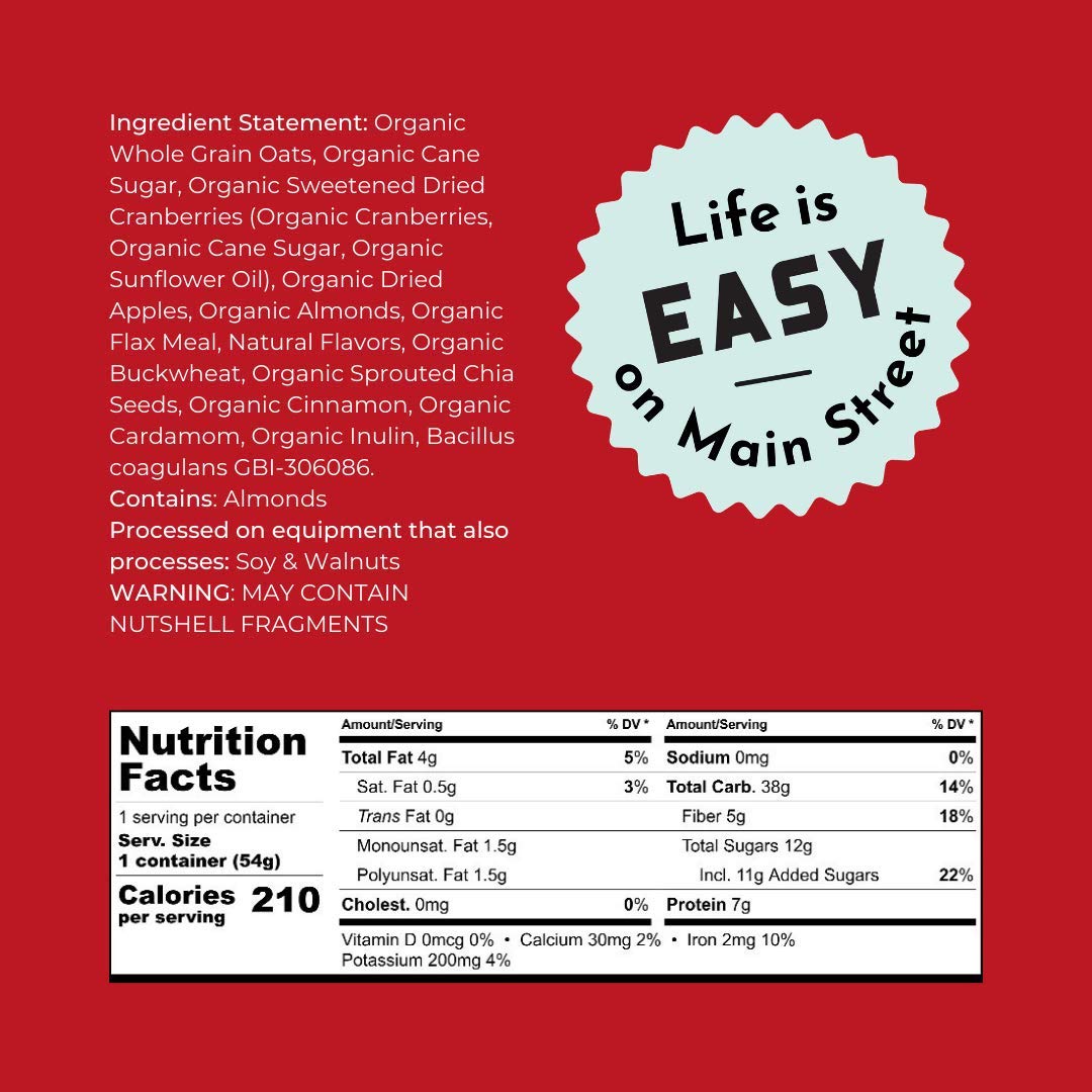 Bakery On Main Oatmeal Cups, Usda Organic, Gluten-Free, Vegan & Non Gmo, Probiotic - Cranberry Apple Almond, 1.9Oz (Pack Of 12)