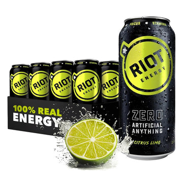 RIOT Clean Energy Drink  Citrus Lime  Zero Artificial Anything  No Sucralose  Made with Real Fruit  No Sugar Added  Natural Healthy Energy Stamina & Focus  16 Fl Oz (Pack of 12)