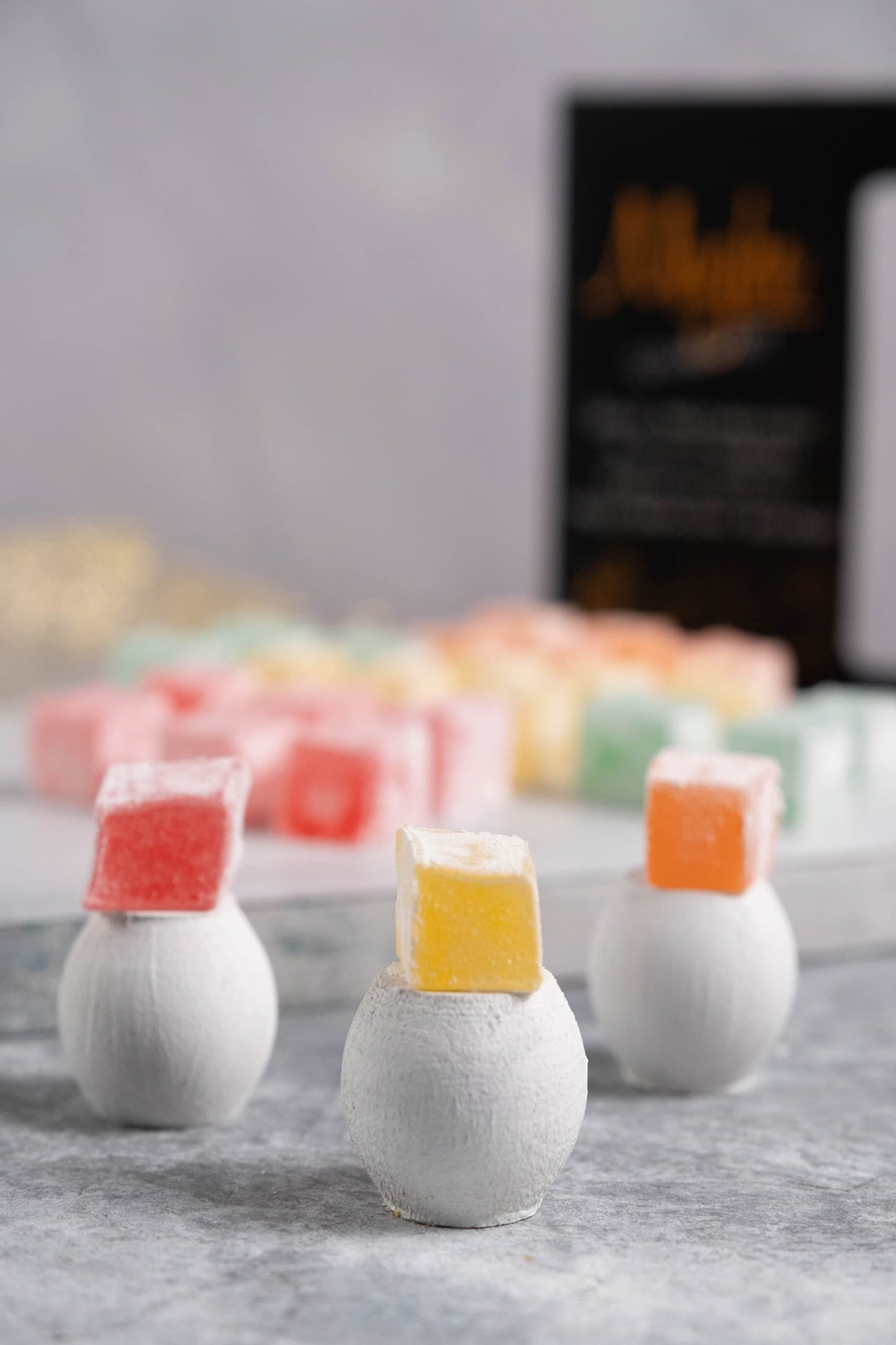Mughe Gourmet Turkish Delight Candy Elegant Gift Box - 7Oz/200G - Halal, Vegan Lokum Fruit Flavors Rose, Strawberry, Lemon, Orange, Mint - Gifts For Special Occasions, Christmas, Halloween