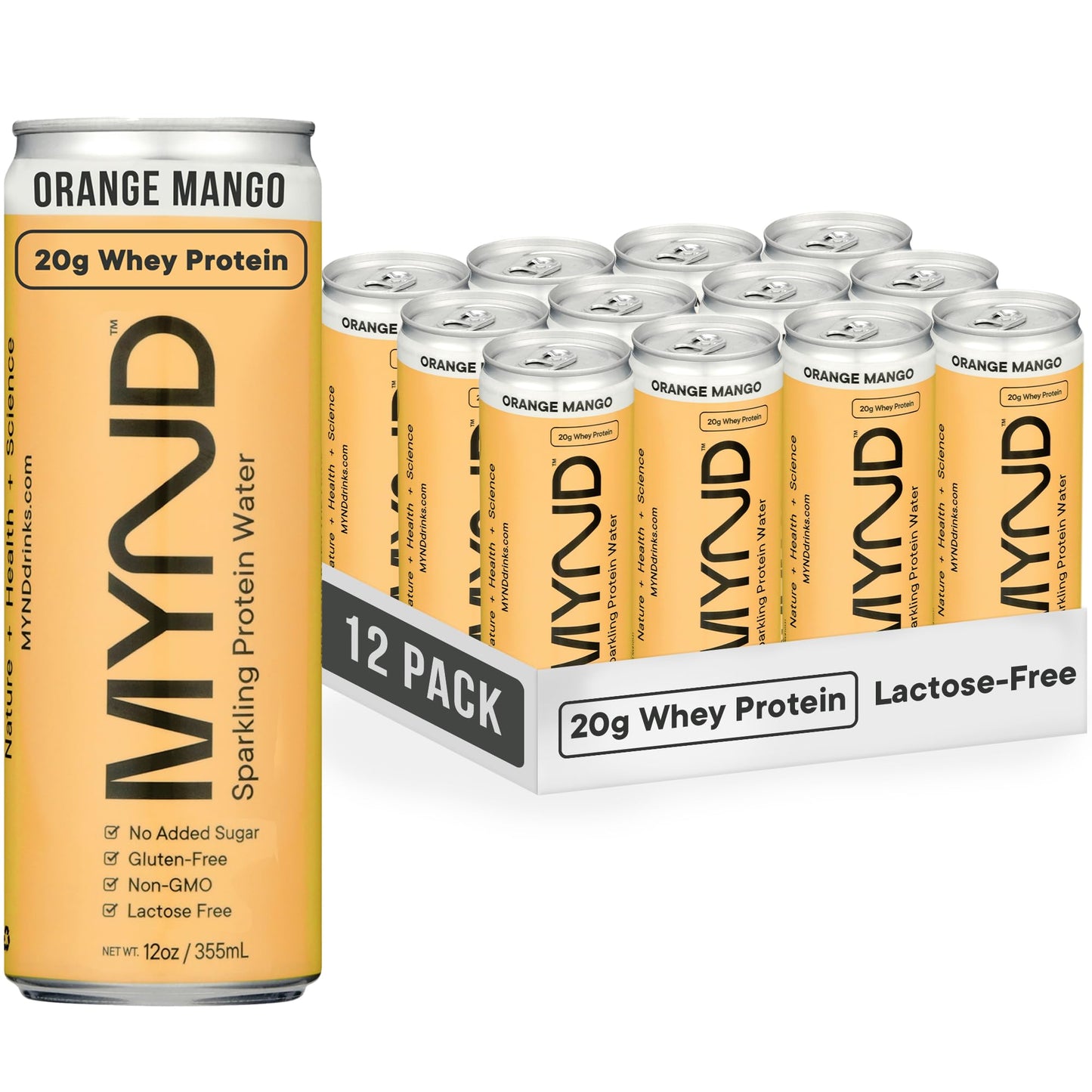 MYND Orange Mango Sparkling Protein Water, 20g Whey Protein, 12 pack