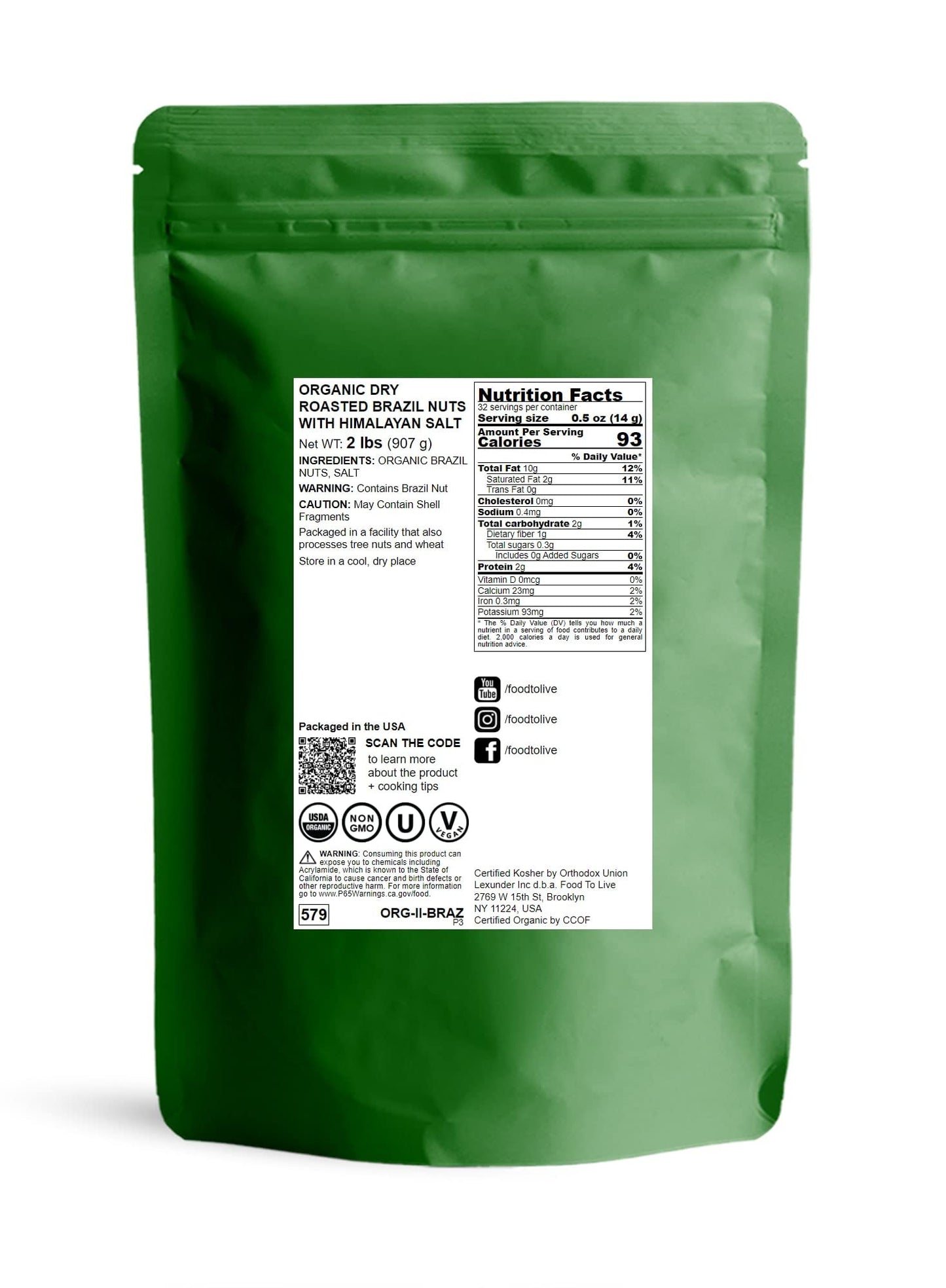 Food to Live Organic Dry Roasted Brazil Nuts, 2 Pounds, Non-GMO, Vegan, Kosher, Lightly Salted, Keto-Friendly Snack