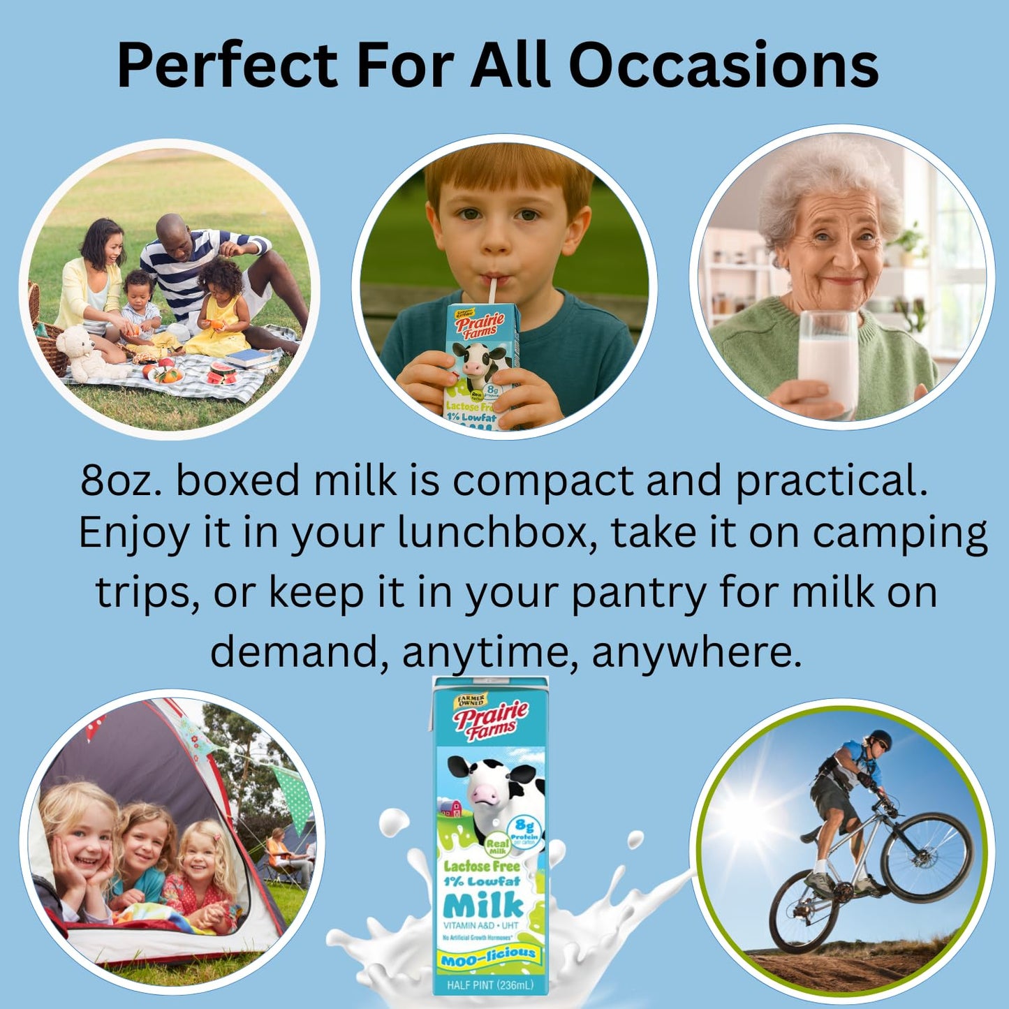 Prairie Farms Lactose Free Milk  Shelf Stable 1% Low Fat Milk Boxes Vitamin D  Gluten Free  Ultra Pasteurized (UHT)  Kosher - 8oz. (27 Pack)