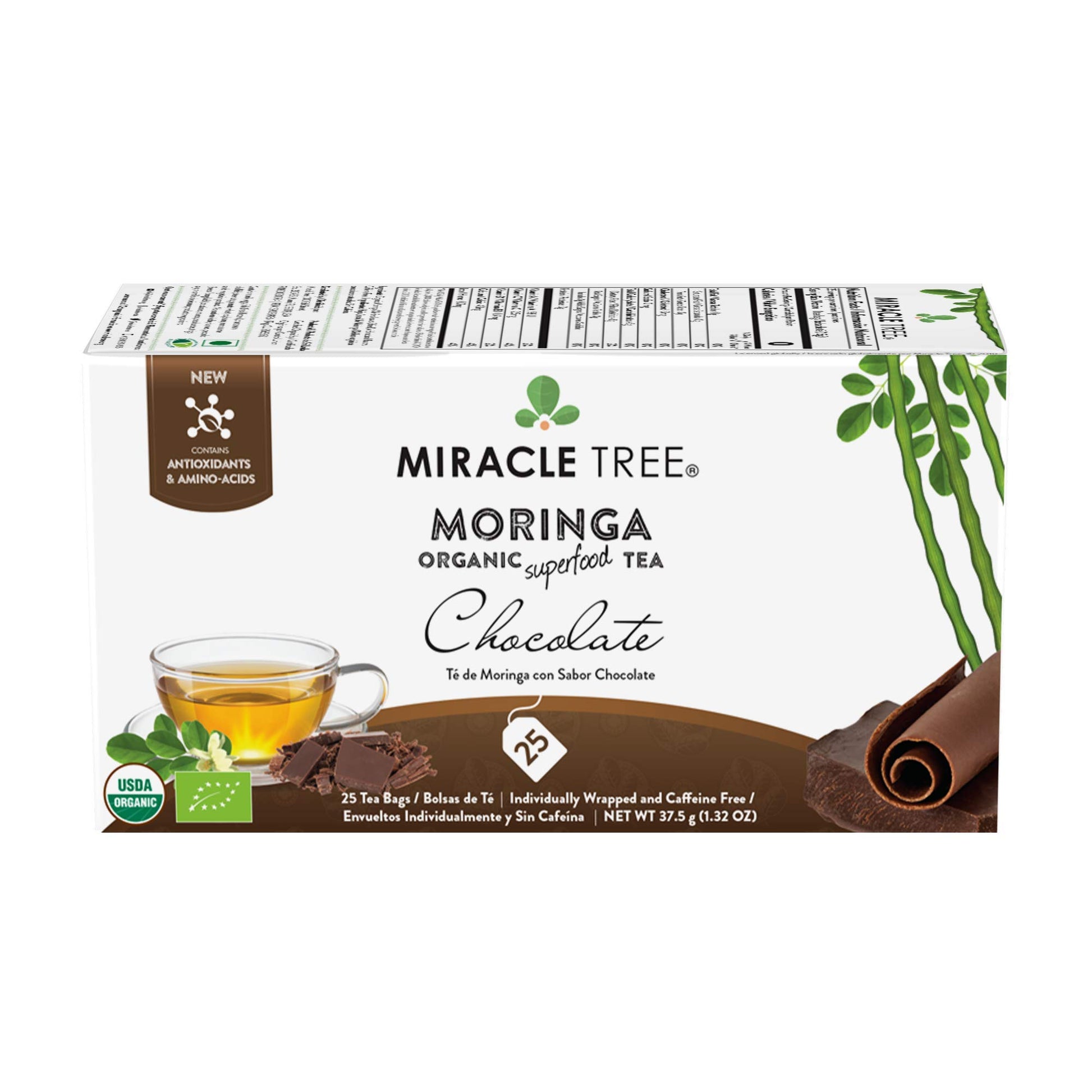 Miracle Tree Organic Moringa Superfood Tea, 25 Individually Sealed Bags, Chocolate, Vegan, Gluten-Free, Caffeine-Free