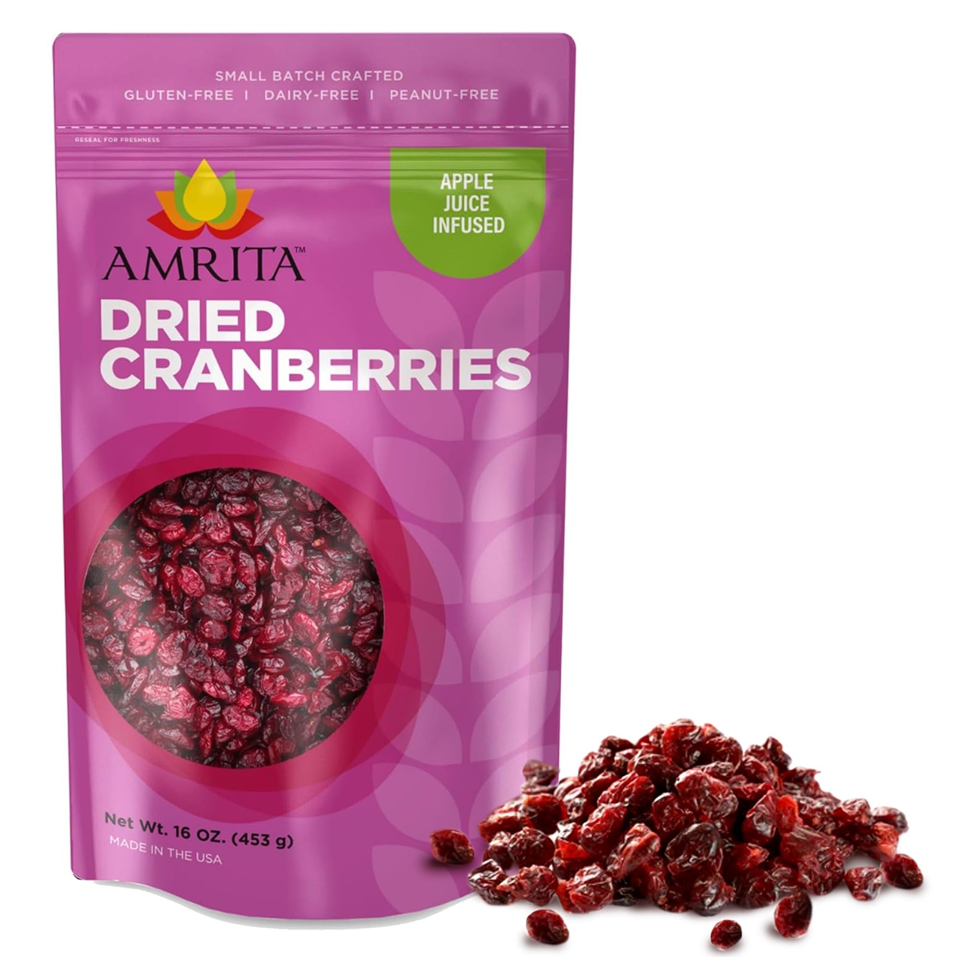 Amrita Dried Cranberries 1 Lb | Sweetened With Apple Juice, Unsulfured, Gluten Free, Non-Gmo, No Preservatives | Packed Fresh In Resealable Bags | Fruit Snacks, Salads, Baking