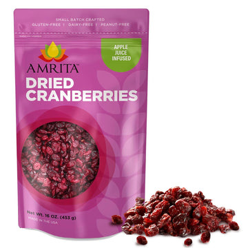 Amrita Dried Cranberries 1 Lb | Sweetened With Apple Juice, Unsulfured, Gluten Free, Non-Gmo, No Preservatives | Packed Fresh In Resealable Bags | Fruit Snacks, Salads, Baking