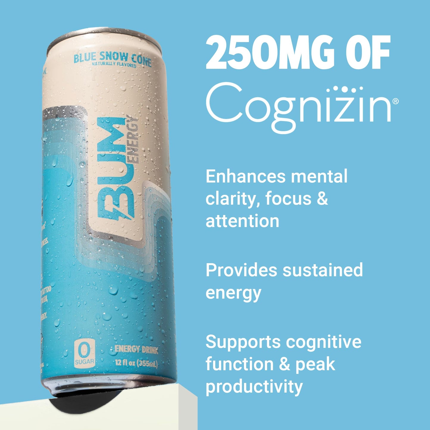 Bum Energy Sugar-Free Energy Drink, Blue Snow Cone, Natural Caffeine, 12 oz, Pack of 12