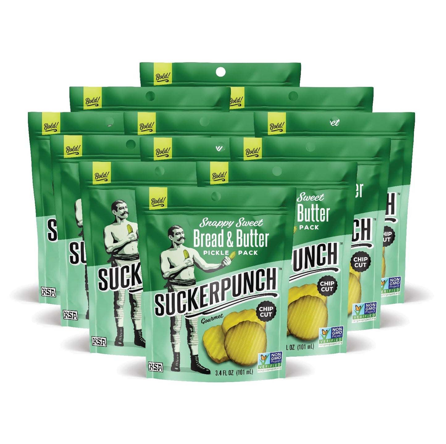 Suckerpunch Snappy Sweet Bread N’ Butter Dill Pickles Chip-Cut, Gluten Free, Kosher, Sugar Free, Low Calorie, Low Carb, On The Go, Non Gmo, Keto Friendly, Vegan, 3.4 Oz Single Serve Pouch (12 Pack)