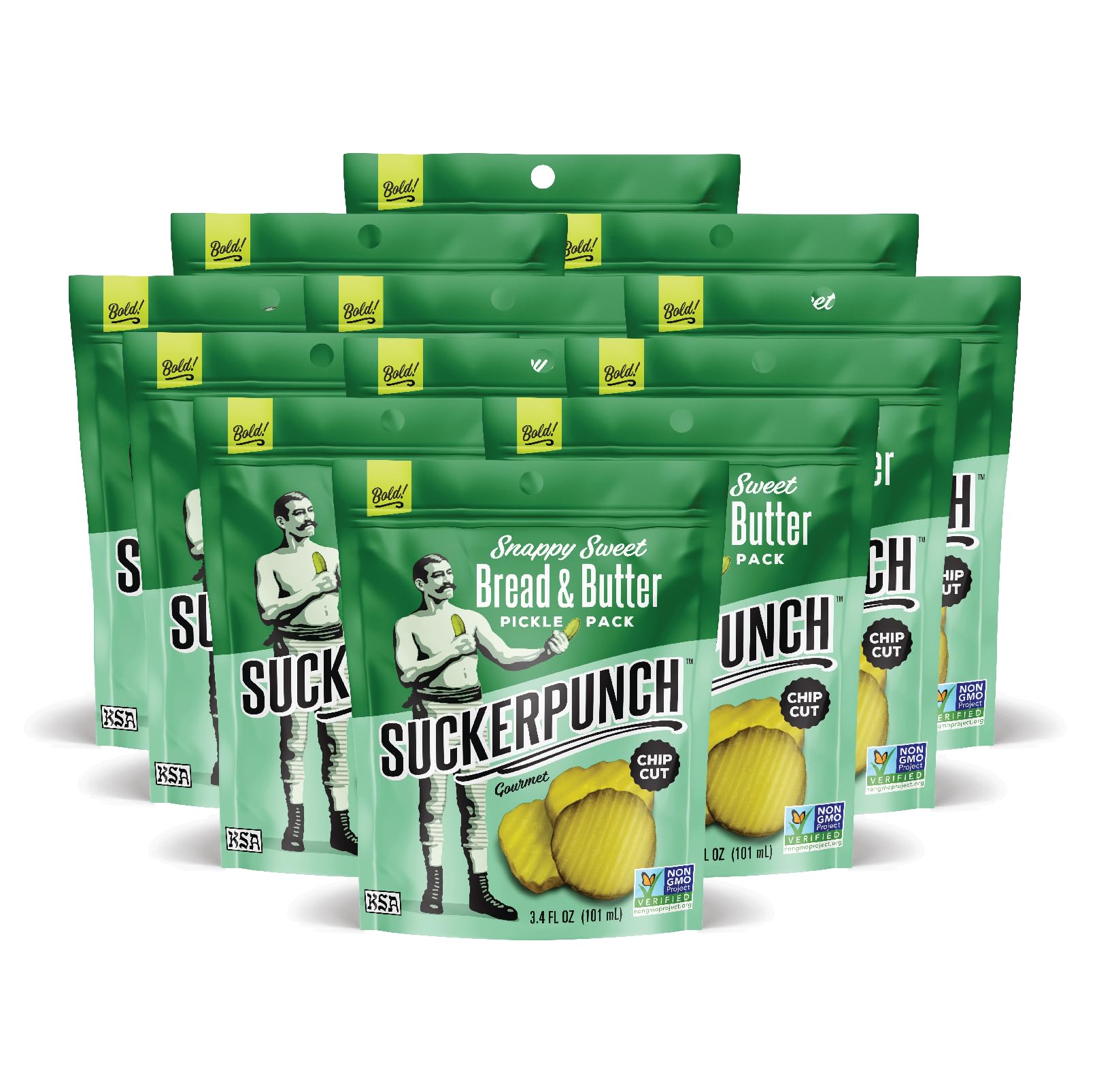 Suckerpunch Snappy Sweet Bread N’ Butter Dill Pickles Chip-Cut, Gluten Free, Kosher, Sugar Free, Low Calorie, Low Carb, On The Go, Non Gmo, Keto Friendly, Vegan, 3.4 Oz Single Serve Pouch (12 Pack)