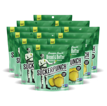 Suckerpunch Snappy Sweet Bread N’ Butter Dill Pickles Chip-Cut, Gluten Free, Kosher, Sugar Free, Low Calorie, Low Carb, On The Go, Non Gmo, Keto Friendly, Vegan, 3.4 Oz Single Serve Pouch (12 Pack)