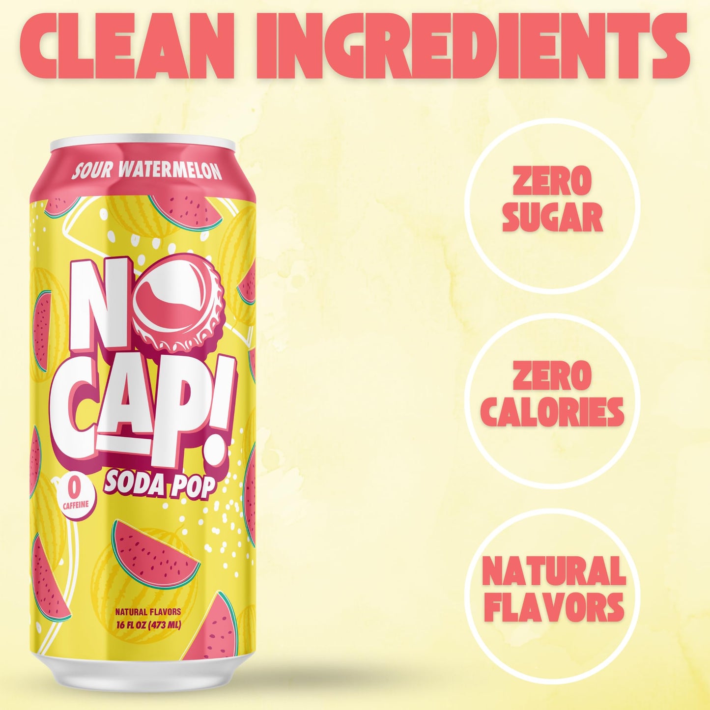 NO CAP! Healthy Soda - Zero Sugar, Zero Calorie, Caffeine Free, 16 Oz Cans, Sour Watermelon, 12 Pack