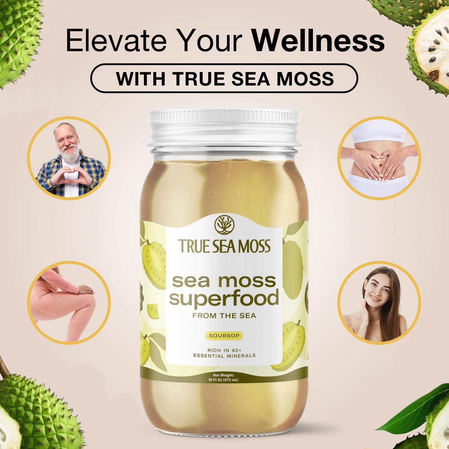 TrueSeaMoss Sea Moss Gel, Wildcrafted with Fresh Fruits & Sea Vegetables, 16 Fl Oz - Made in USA, Soursop, Pack of 1