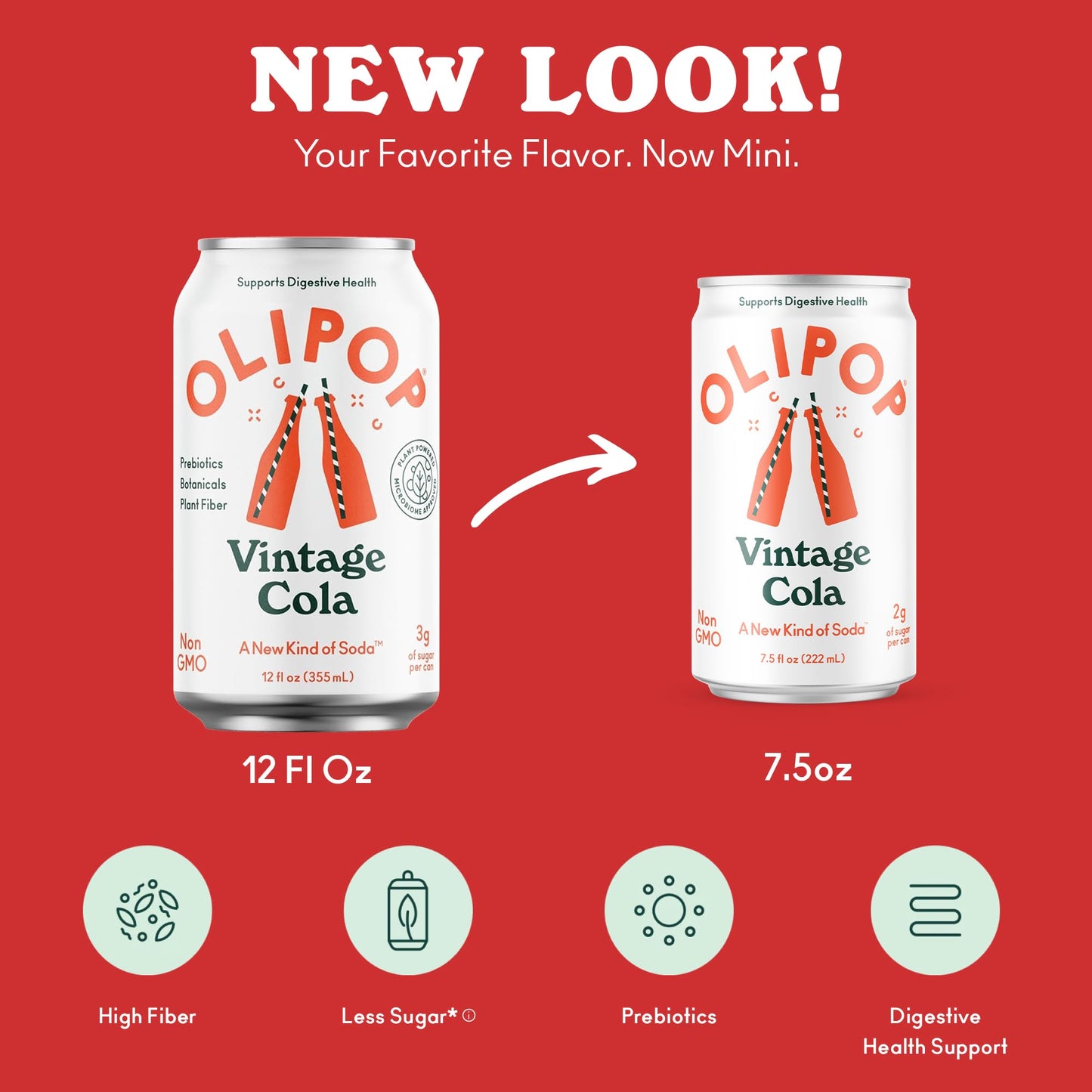 OLIPOP Minis Prebiotic Soda Pop  Vintage Cola  Pantry Pack Packed with Prebiotics  Fiber  and Botanicals  Gluten Free  Vegan  GMO Free  7.5oz (6-Cans)