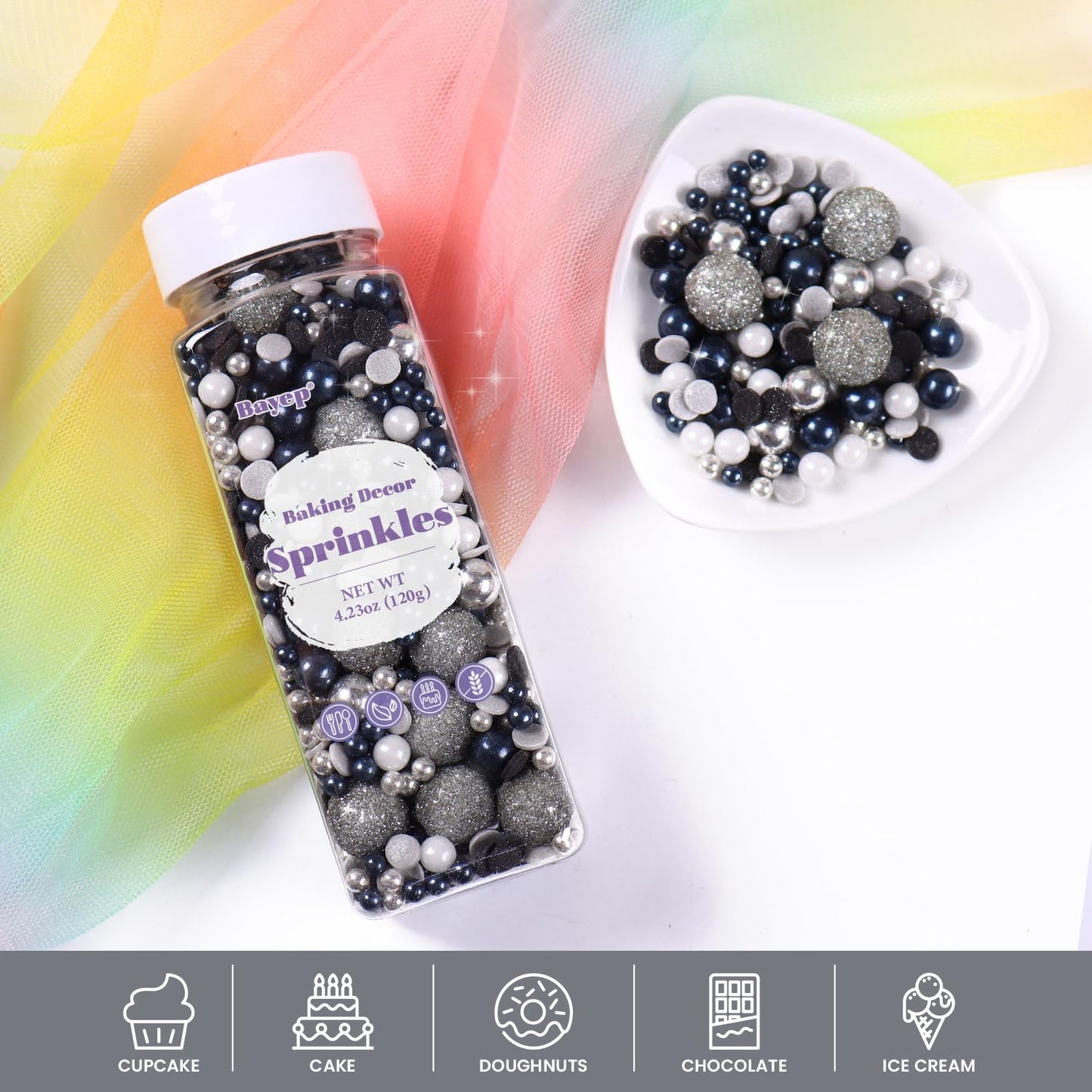 Black & Silver Sprinkles For Cake Decorating 4.23Ounce - Sparkle Pearl Sprinkles For Cupcake Toppers, Ice Cream, Candy, Cookie D