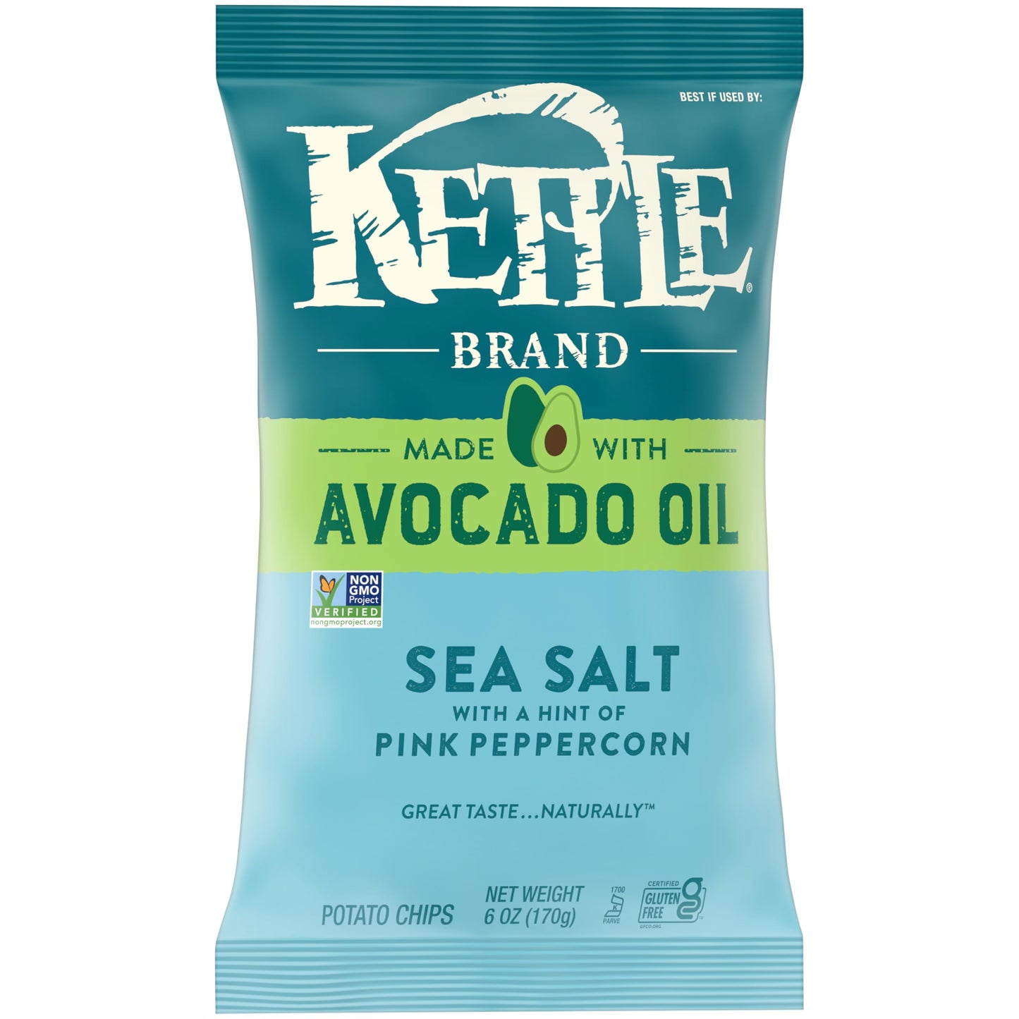 Kettle Brand Sea Salt Pink Peppercorn Chips, 6 Oz Bag - Made with Avocado Oil, Perfect Snack