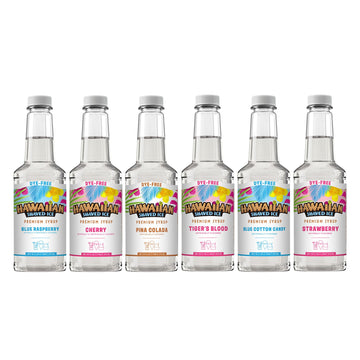 Hawaiian Shaved Ice Syrup Assortment  6 Pack Dye-Free Flavors: Pina Colada  Cherry  Blue Raspberry  Blue Cotton Candy  Tigers Blood and Strawberry  For Shaved Ice  Snow Cones  Slushies  Sodas and More  Allergy-Friendly  No Artificial Colors
