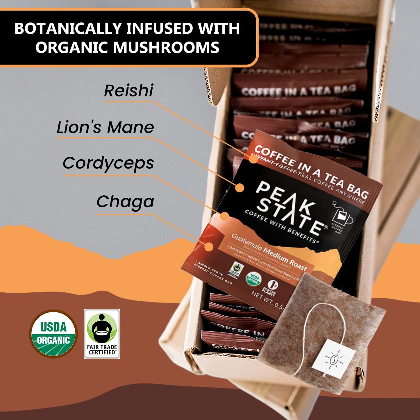 Peak State Mushroom Coffee - Medium Roast, Low Acid, Organic Whole Bean, 10 Single Serve Brew Bags, Dark Chocolate & Sweet G  Flavor