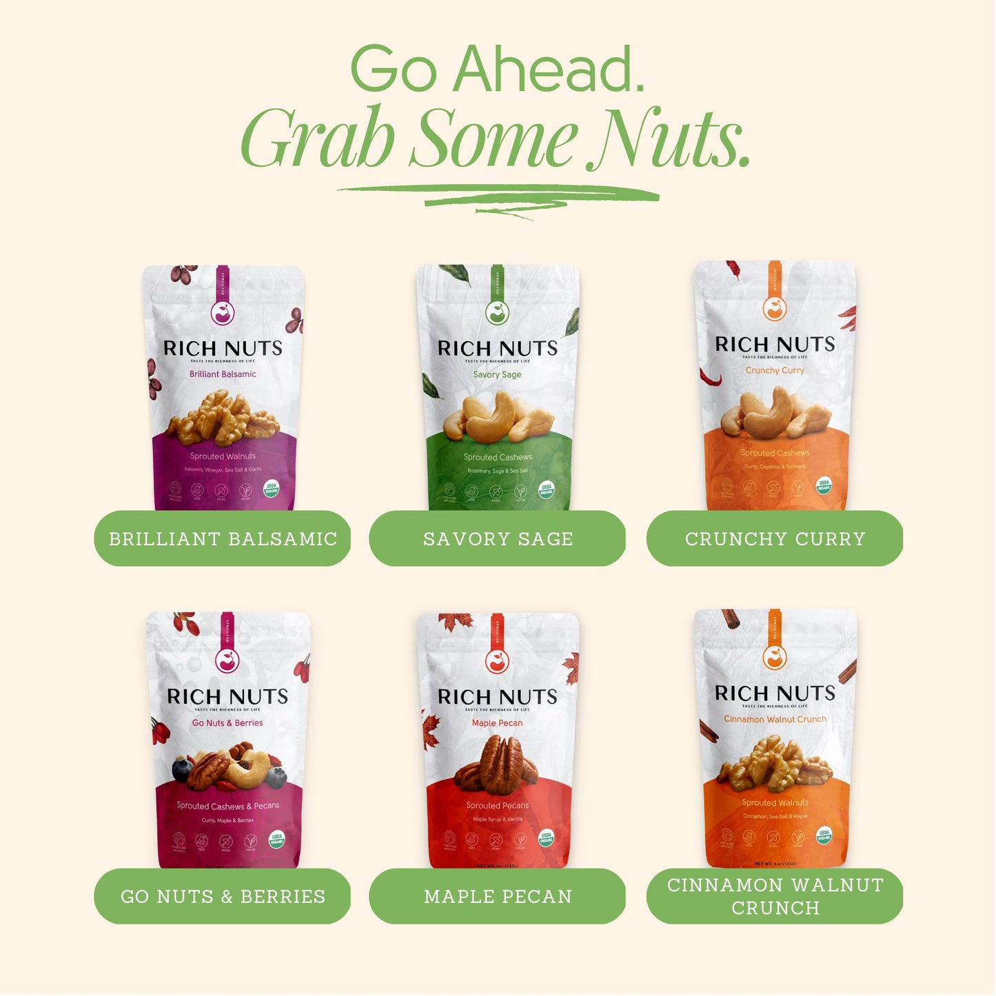 Rich Nuts Savory Sage Gourmet Sprouted Cashews | Vegan, Paleo, Keto | Made with Organic Rosemary, Sage, and Sea Salt | Non-Roast