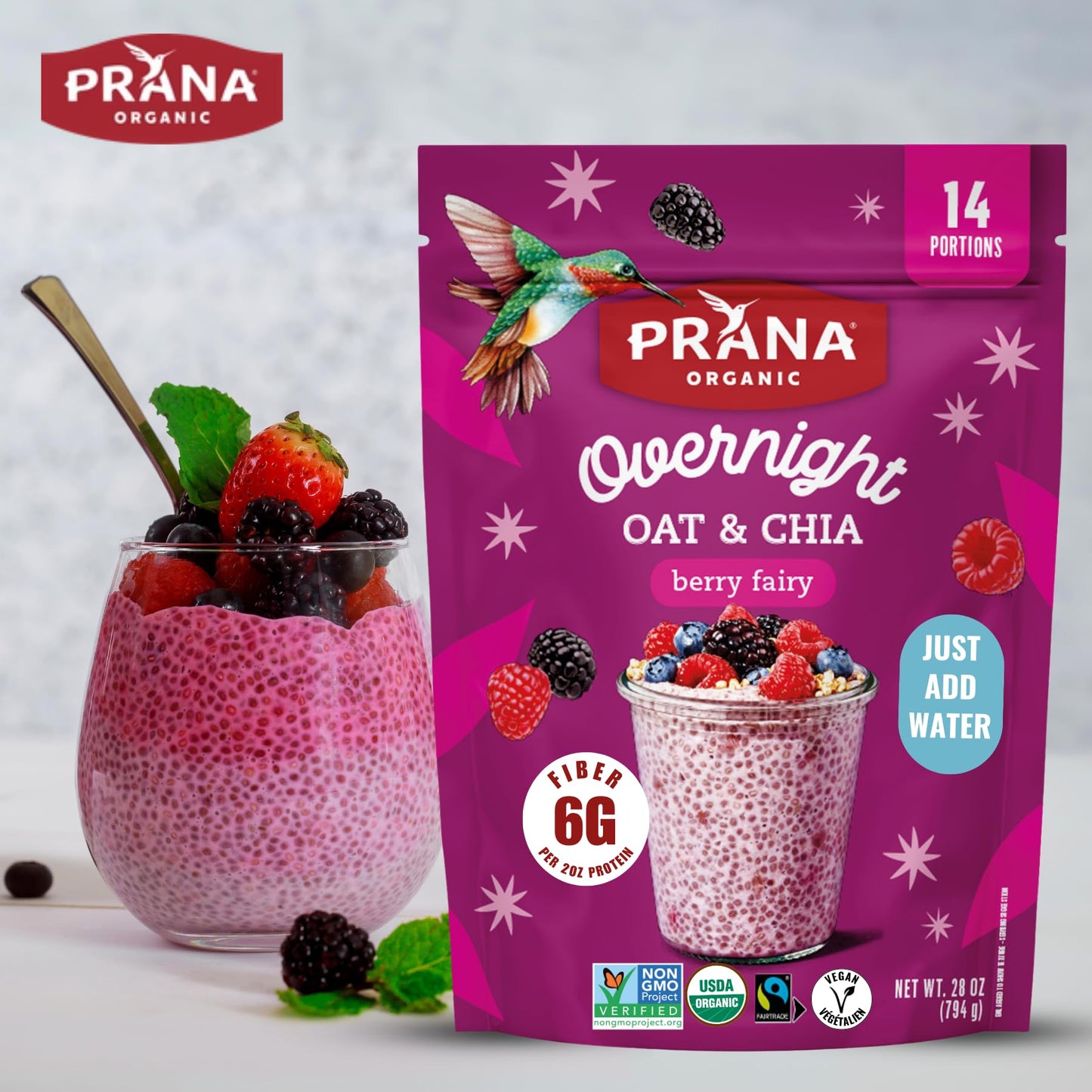 Prana Organic Overnight Chia With Oats Berry Fairy | Rich In Fiber & Protein, Vegan, Non-Gmo | Ready To Eat Breakfast - 28 Oz Ba