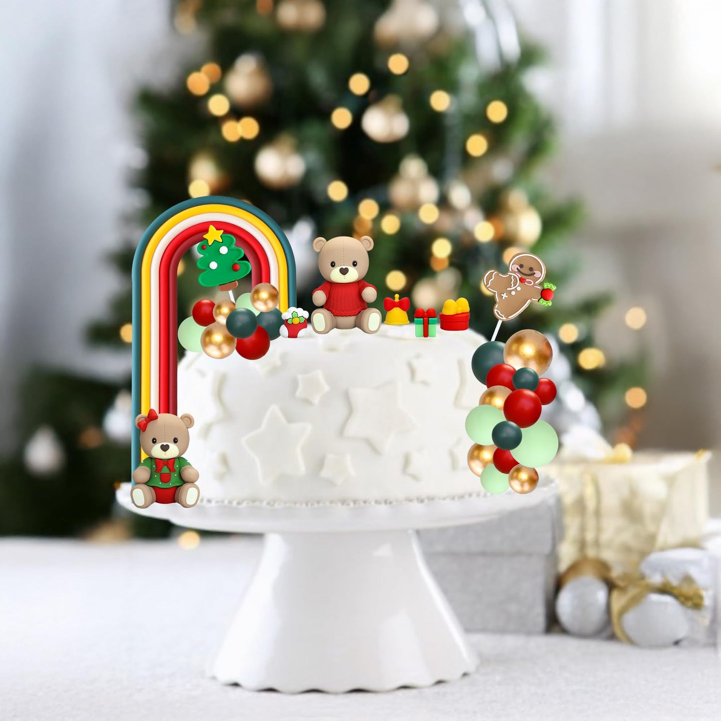 Ephlyn Christmas Bear Cake Toppers Rainbow Ball Cake Decorations Xmas Tree Gingerbread Man Socks Cupcake Toppers For Halloween Theme Baby Shower Birthday Party Supplies Red