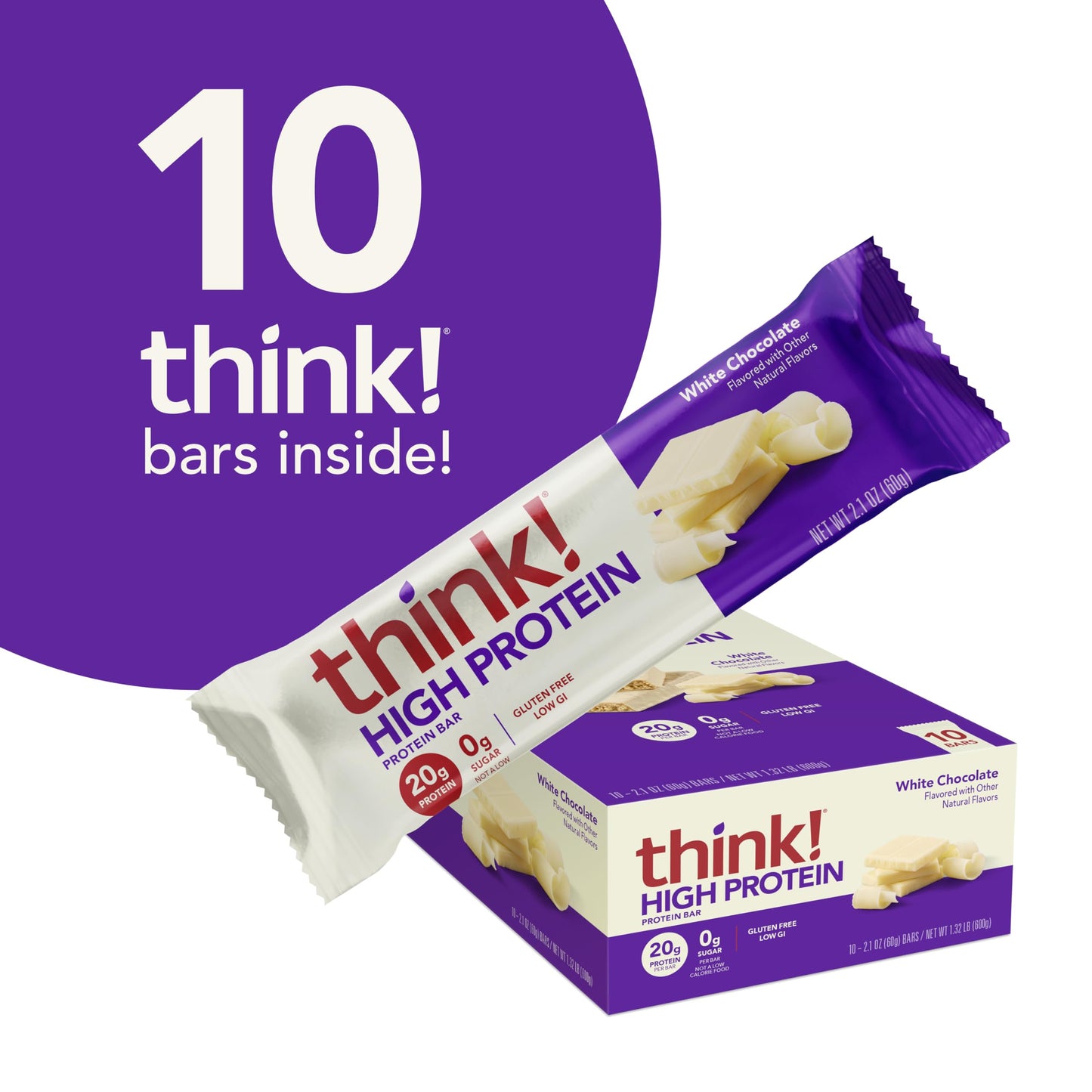 think! Protein Bars, High Protein Snacks, Gluten Free, Kosher Friendly, White Chocolate, Nutrition Bars, 2.1 Oz per Bar, 10 Coun