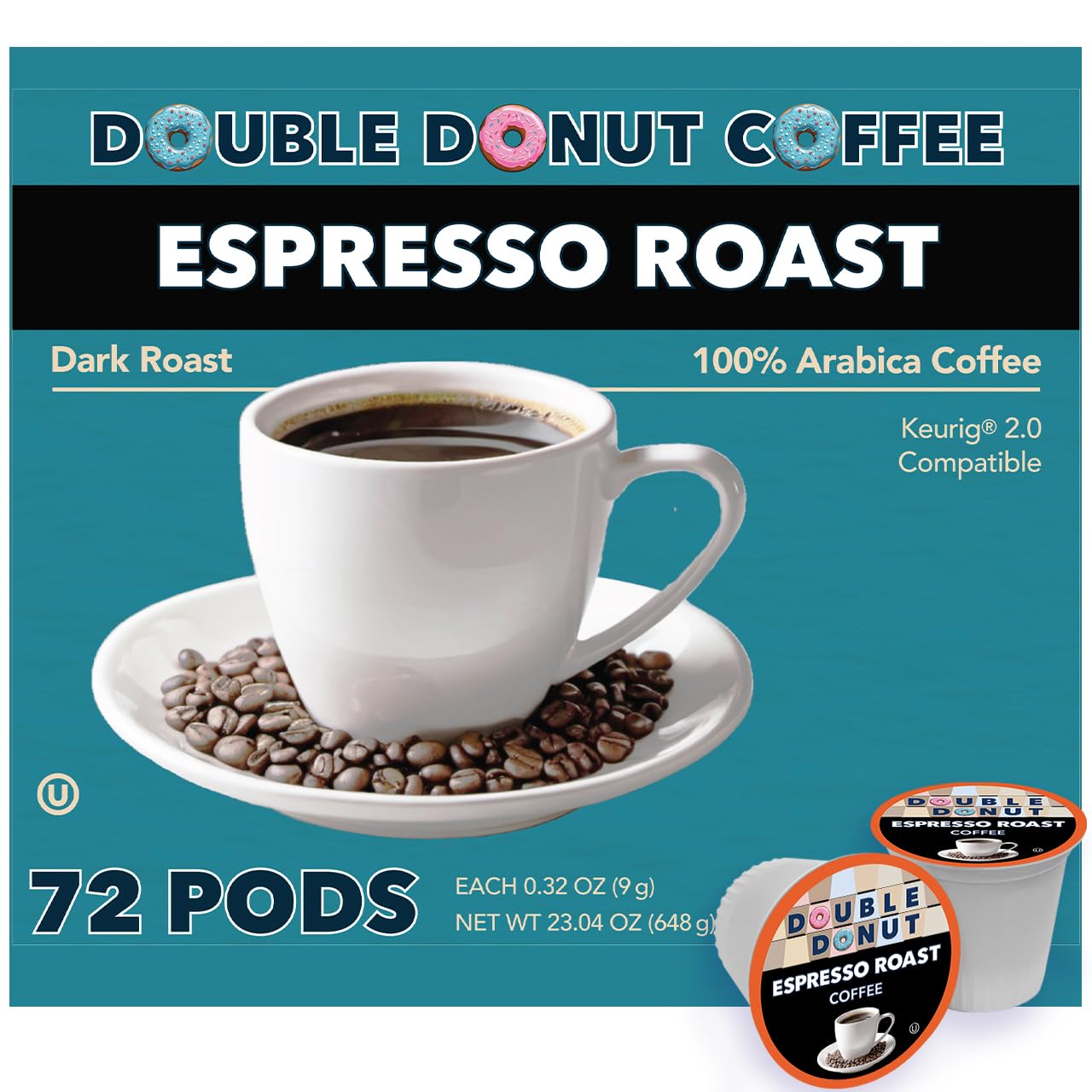 Double Donut Coffee Espresso Roast Coffee Pods, Strong Dark Roast, 72 Count, Compatible with Keurig K Cups