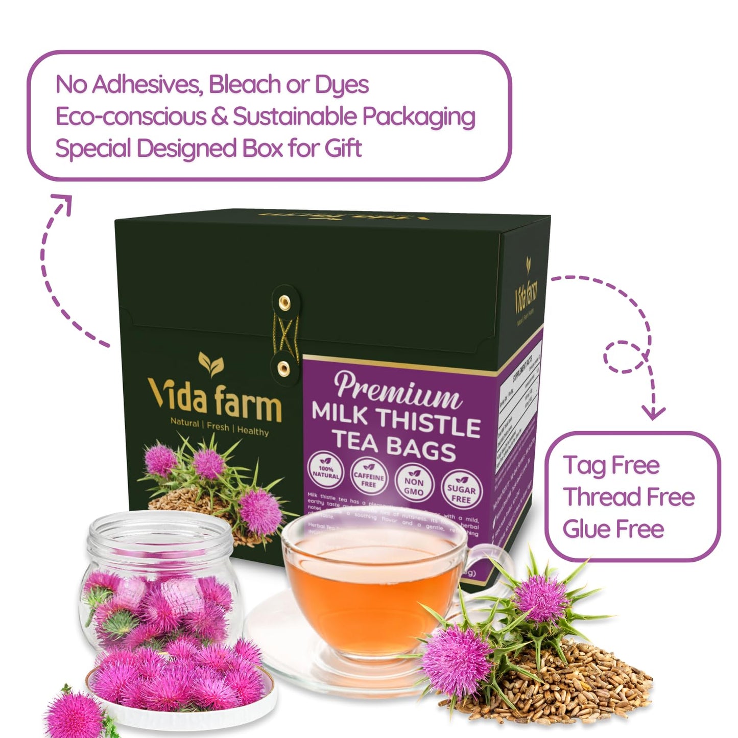 Vida Farm Milk Thistle Tea Bags - 125 Count, 100% Natural Seeds And Leaves, Dried Herbal Tea, Sugar Free, Caffeine Free