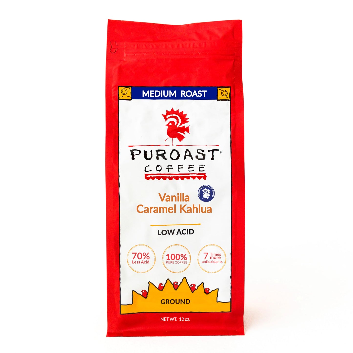 Puroast Coffee Vanilla Caramel Kahlua Medium Roast Ground Coffee, 12 oz, Specialty Flavored Coffee, High Antioxidants