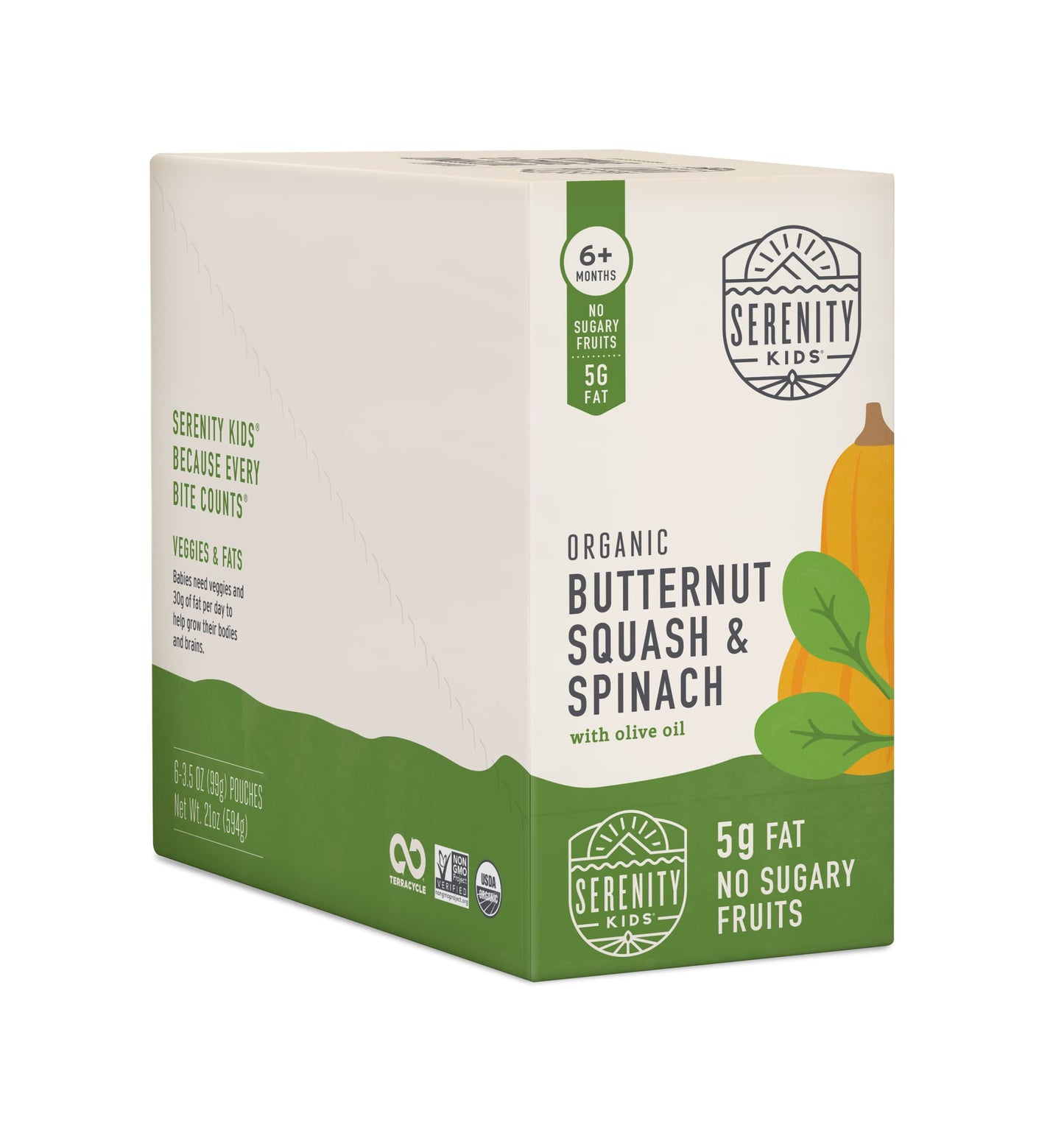 Serenity Kids 6+ Months Veggie Puree Baby Food Pouches - Usda Organic No Added Sugar - Butternut Squash & Spinach Blend - Bpa & Allergen Free - 3.5 Oz, 6 Pack