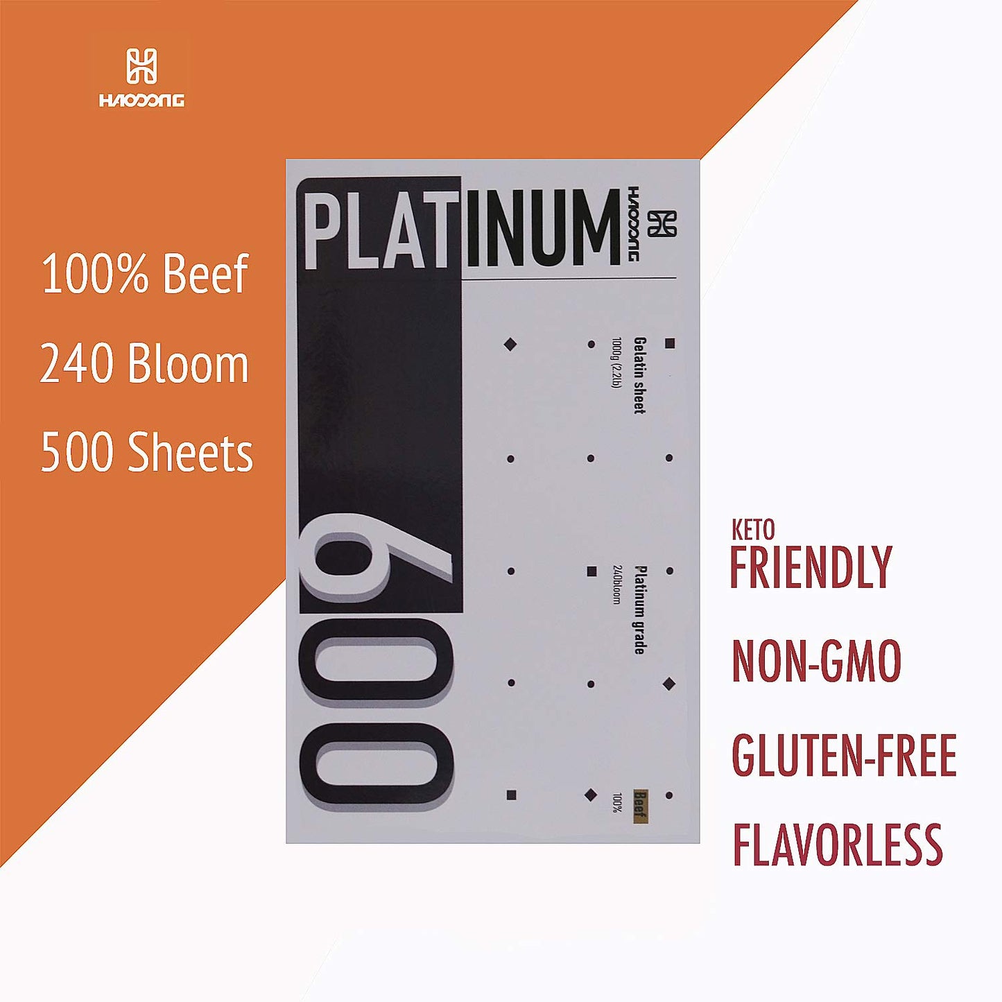 Haodong Beef Platinum Leaf Gelatin Sheets - 1KG/2.2LBS (450-500 Sheets) 240Bloom Gelatin Leaves for Mousse Mirror Glaze Cream Ca