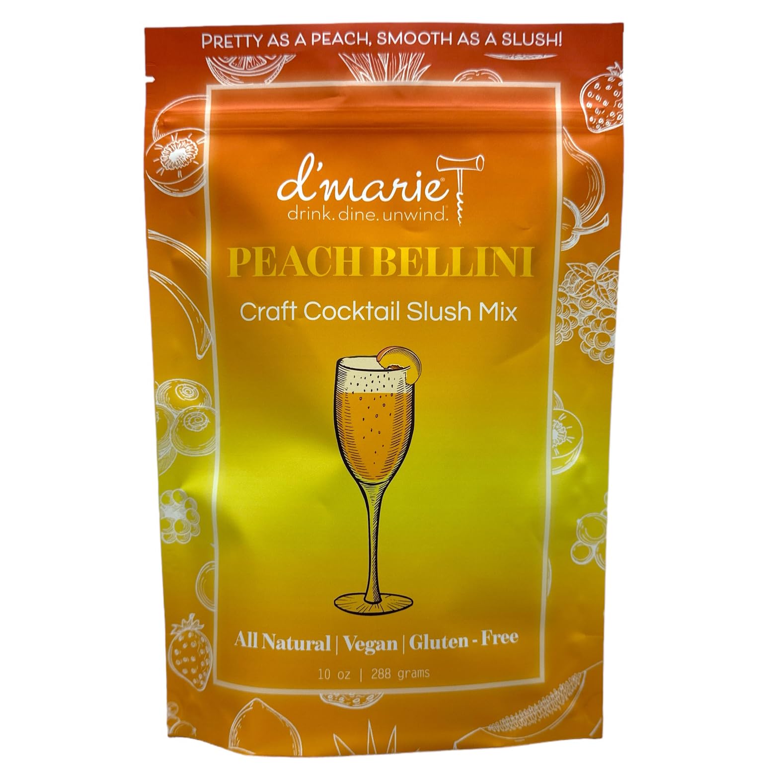 DMARIE Frozen Cocktail Drink Mix - Peach Bellini Slushies - All Natural Low Sugar - 10 Ounce Pouch