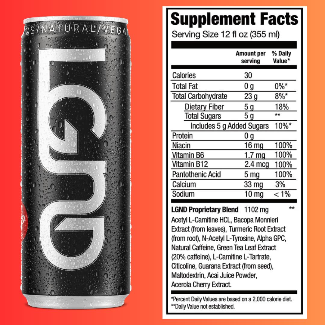 LGND Smart Energy Drink, Nootropic + Prebiotic, Spicy Ginger Flavor, 12 Fl Oz (Pack of 12), Black/Gold
