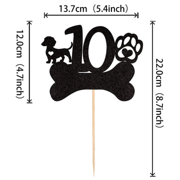 1 Pcs 10Th Birthday Cake Topper Black Glitter Dog Paw Ten Years Old Birthday Puppy Dog Bone Cake Pick For Let'S Pawty Baby Showe