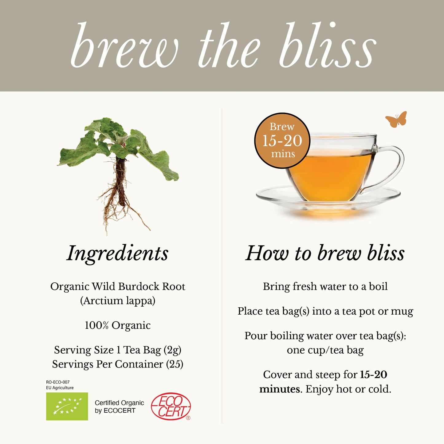 Wild Bliss Organic Burdock Root Tea - Caffeine Free Herbal Detox Support - Pharmacopoeia Quality - 25 Plant Based Tea Bags