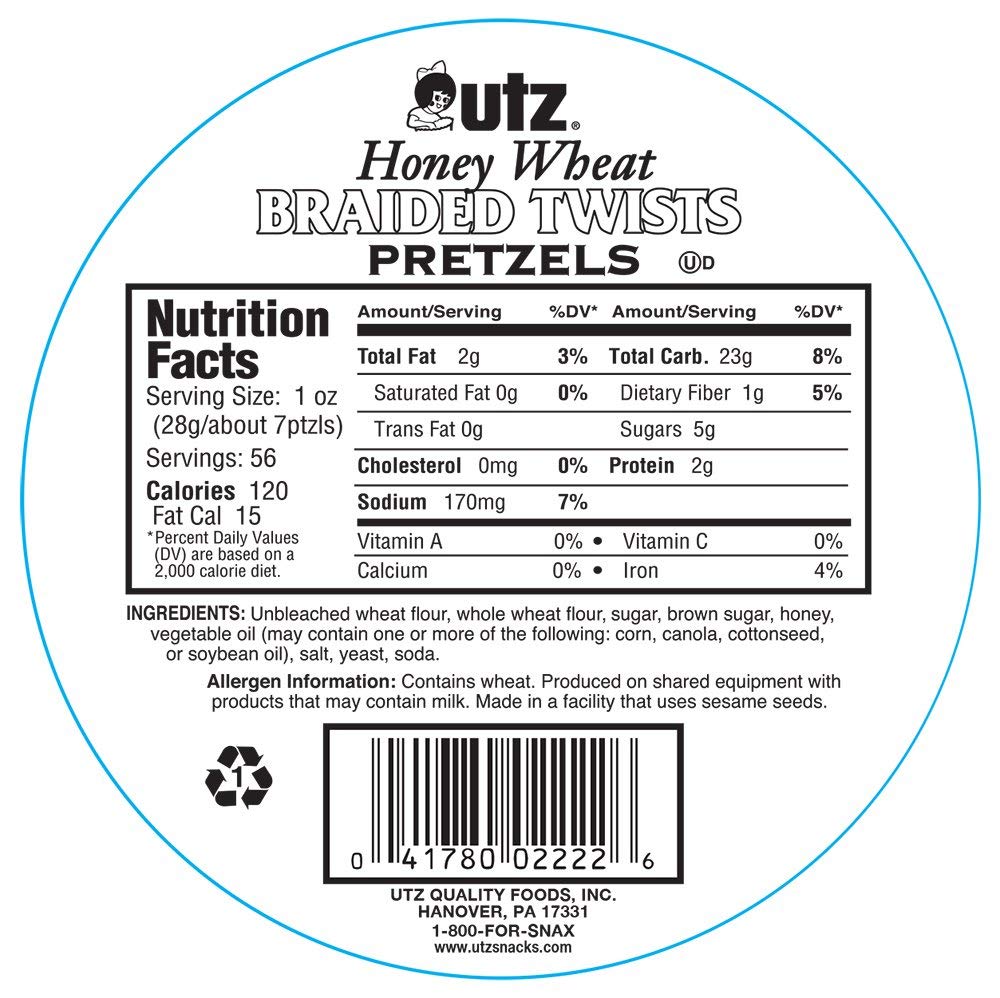 Utz Honey Wheat Braided Pretzel Twists – Thick & Crunchy Snack – 56 oz Barrel – Zero Cholesterol