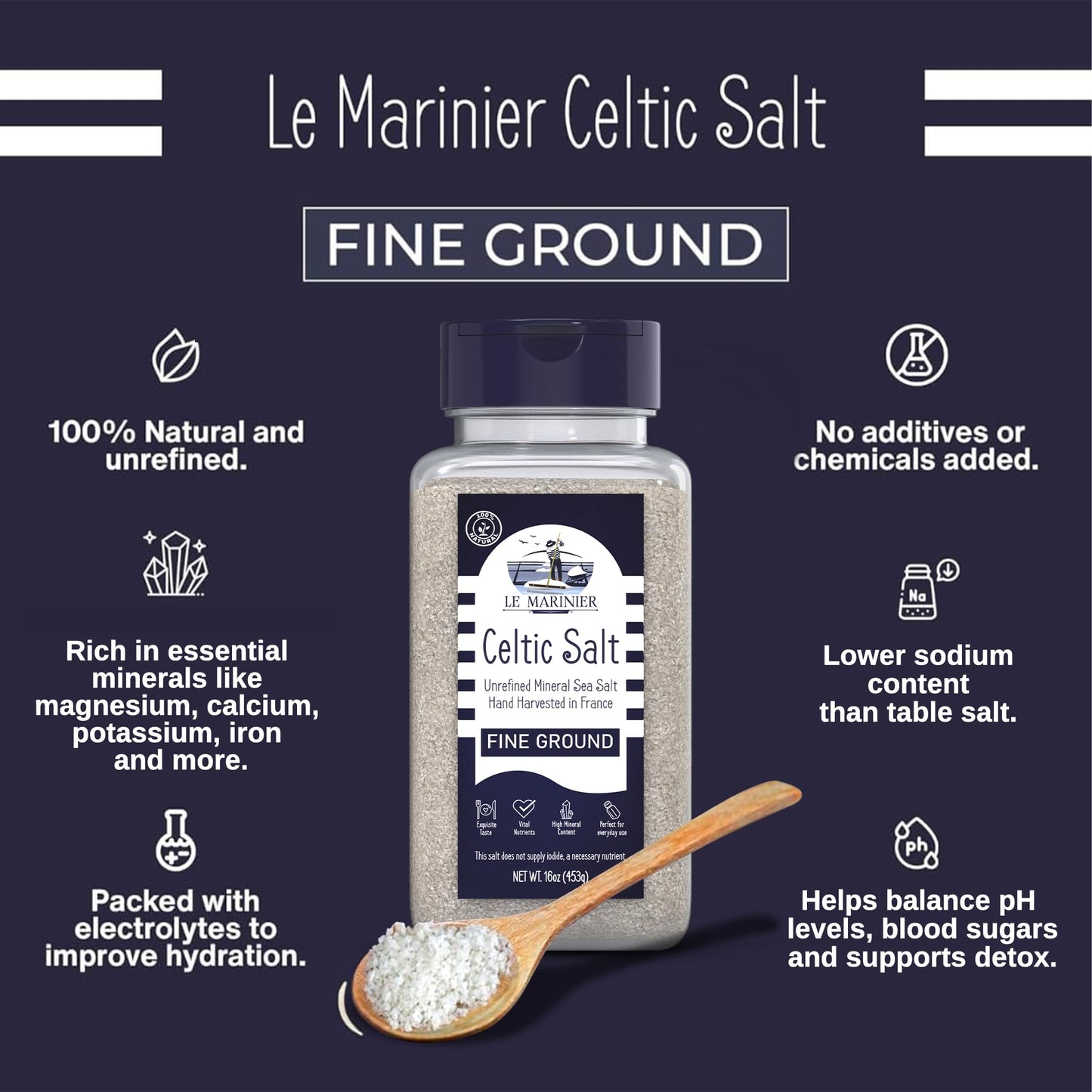 Le Marinier Celtic Salt Organic Fine Ground, 1 lb - 16oz. Mineral Rich 100% Natural and Unrefined. Refillable Salt Shaker. Frenc