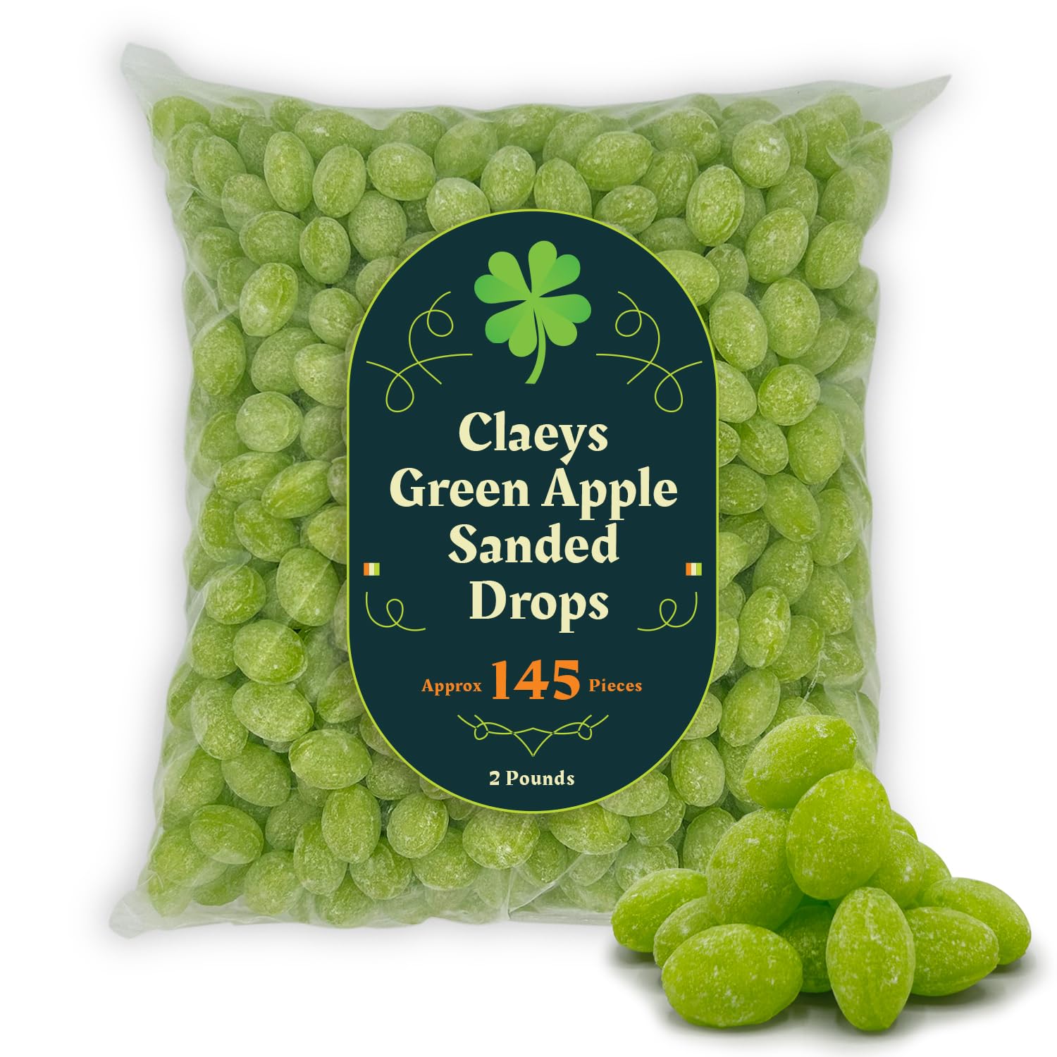 Claeys Green Apple Sanded Drops 2Lb Approx 145 Hard Candy Drops - St Patricks Day Green Snacks & Treats, Bulk Candy Green Sucker