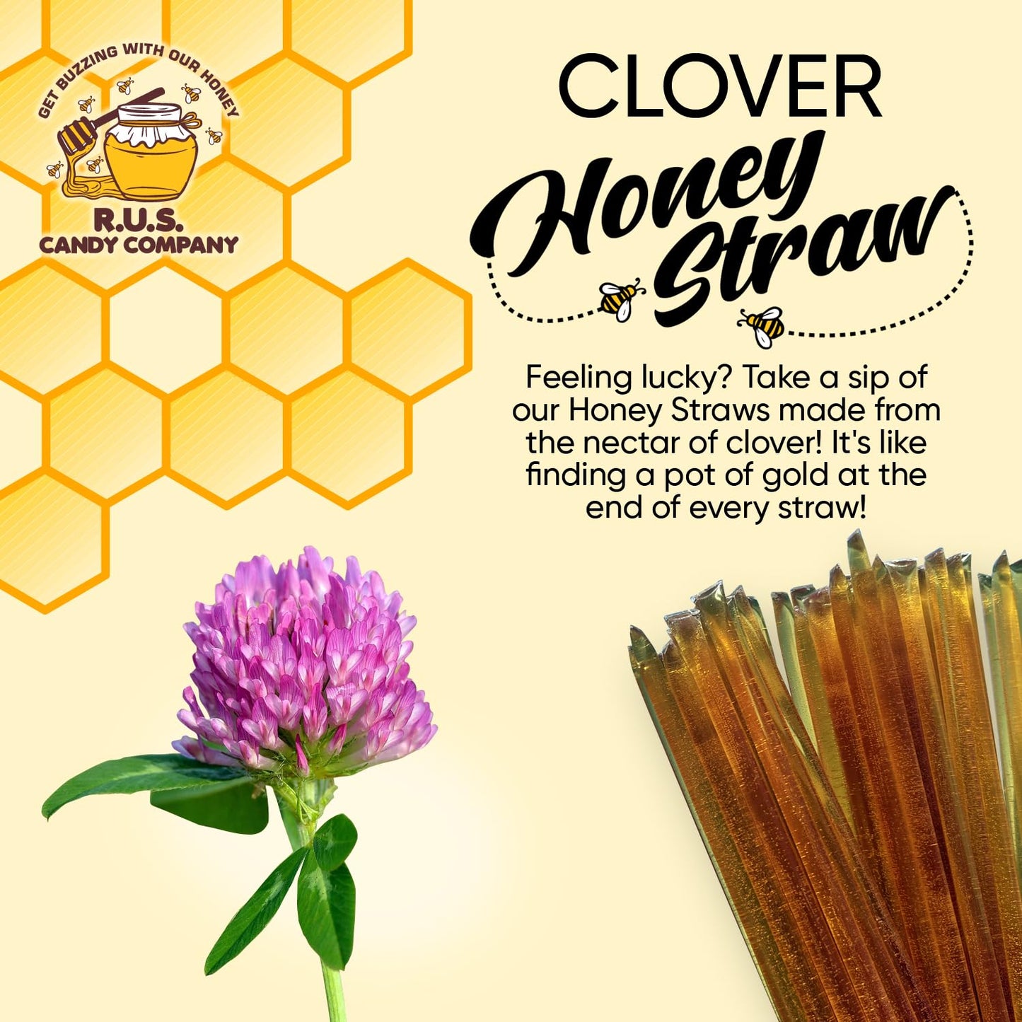 R.U.S. Candy Honey Sticks - 25 Pack Natural Clover Flavor Single Serve Stir Sticks