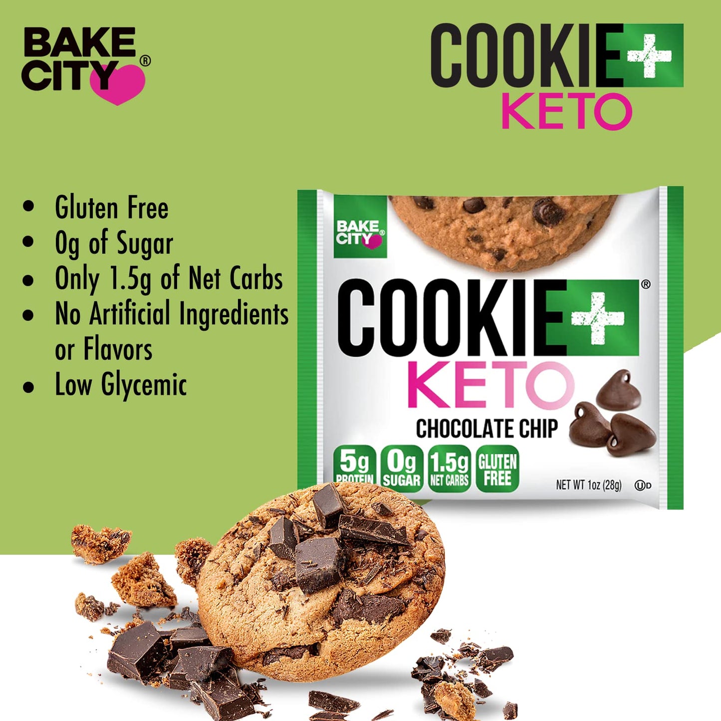 Bake City Cookie Plus Keto | 1Oz Chocolate Chip Cookies (12 Pack), Gluten Free, 0G Sugar, Only 1.5G Net Carbs, Good Fats, 5G Pro