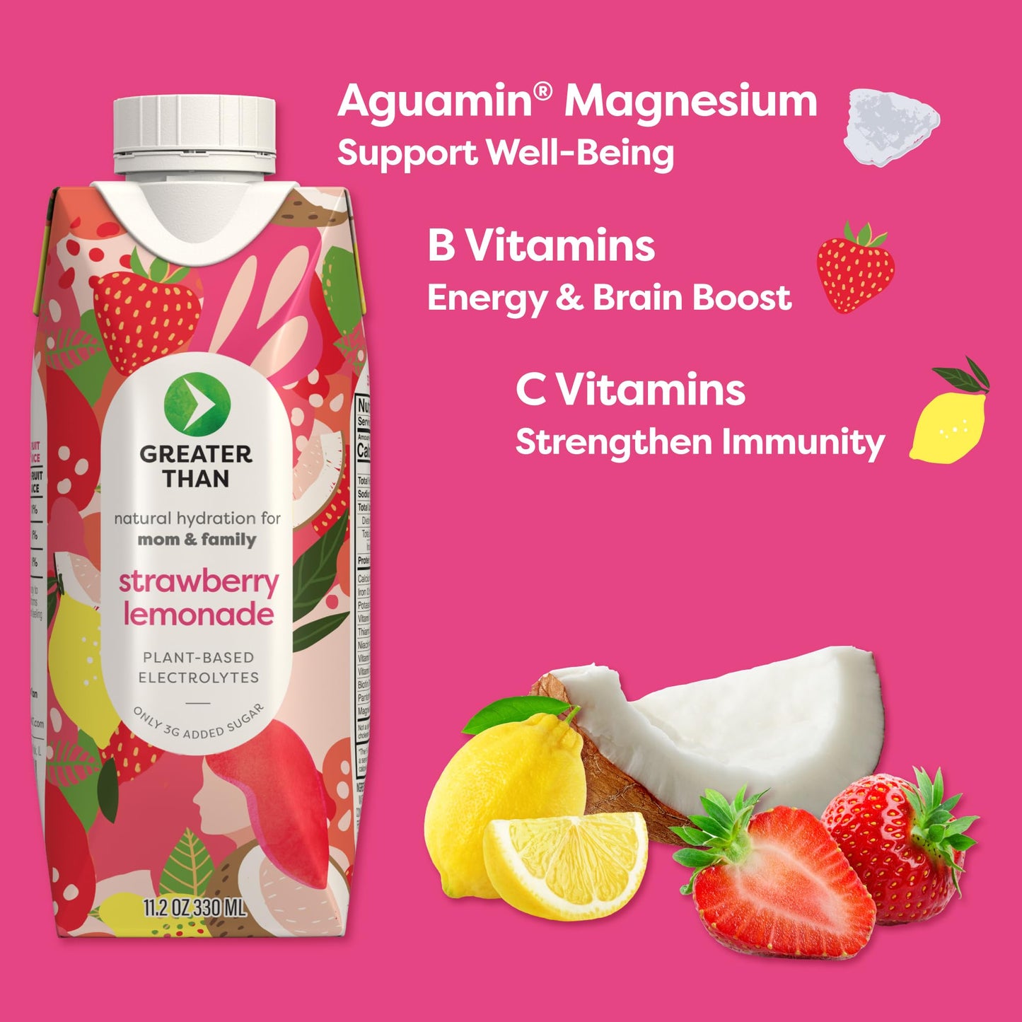 Greater Than Electrolyte Drink, Coconut Water & Vitamins, Low Sugar, Strawberry Lemonade, 11.2 Fl Oz, Pack of 24