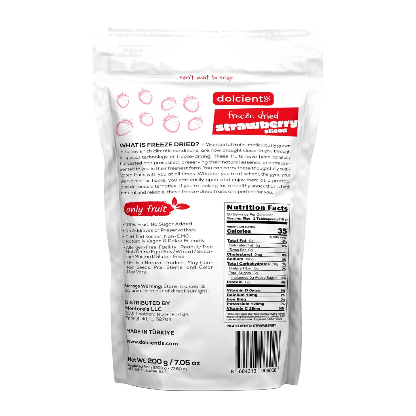 Dolcientis Freeze Dried Strawberries Sliced | 100% Natural Healty Fruit Snacks | Emergency Food Supply 25 Year Shelf Life | Non