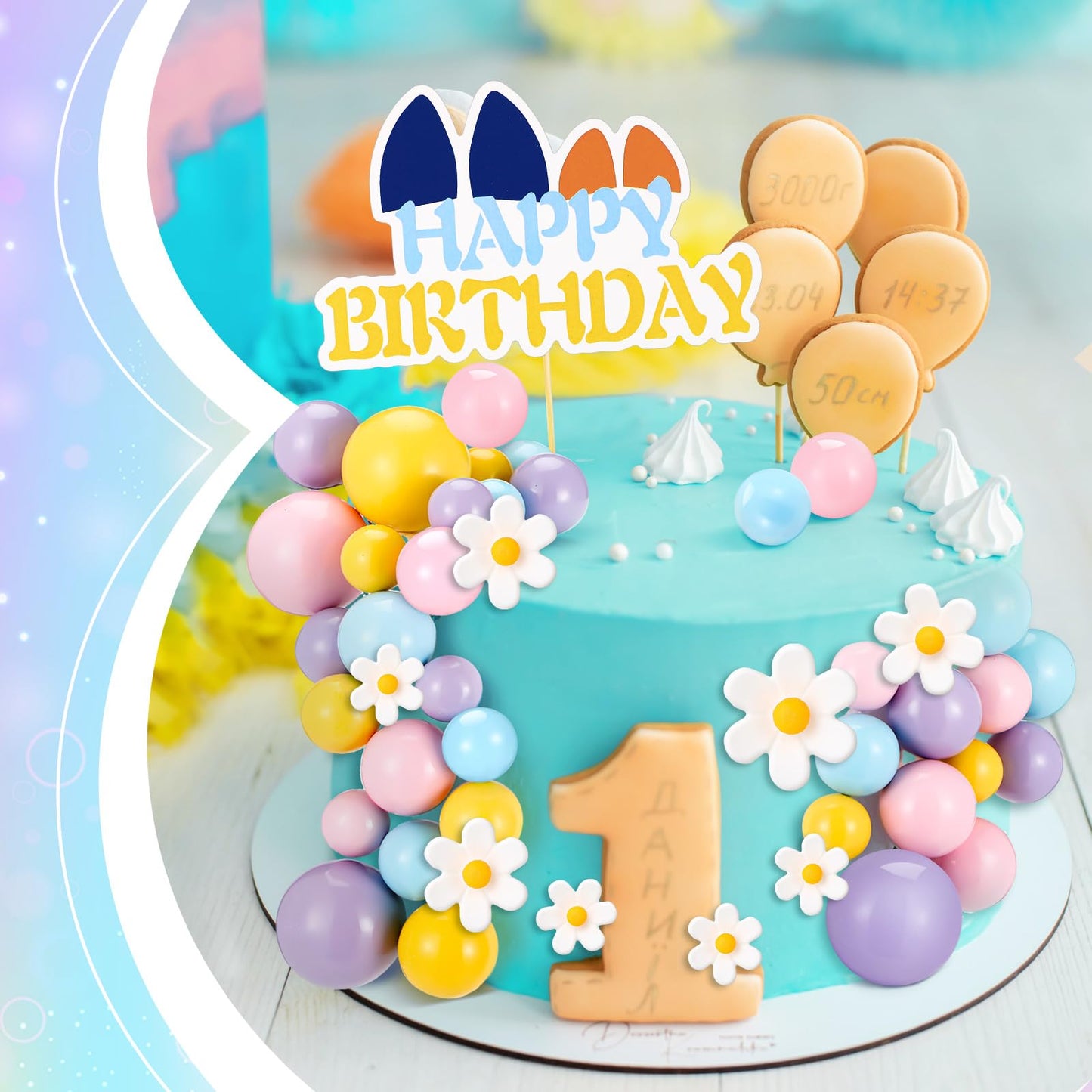 Threehoney 63 Pcs Blue Dog Cake Toppers With Balls Cake Picks And Flowers For Birthday Decoration Groovy Pastel Cupcake Inserts